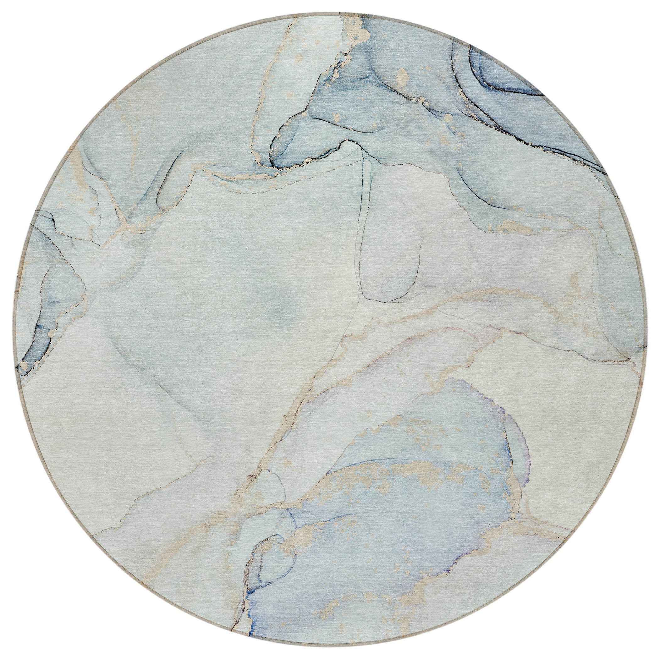 8' Round Beige and Blue Round Abstract Washable Non Skid Indoor Outdoor Area Rug