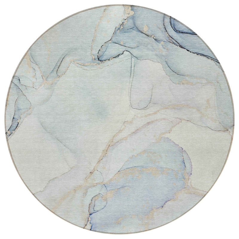 8' Round Beige and Blue Round Abstract Washable Non Skid Indoor Outdoor Area Rug