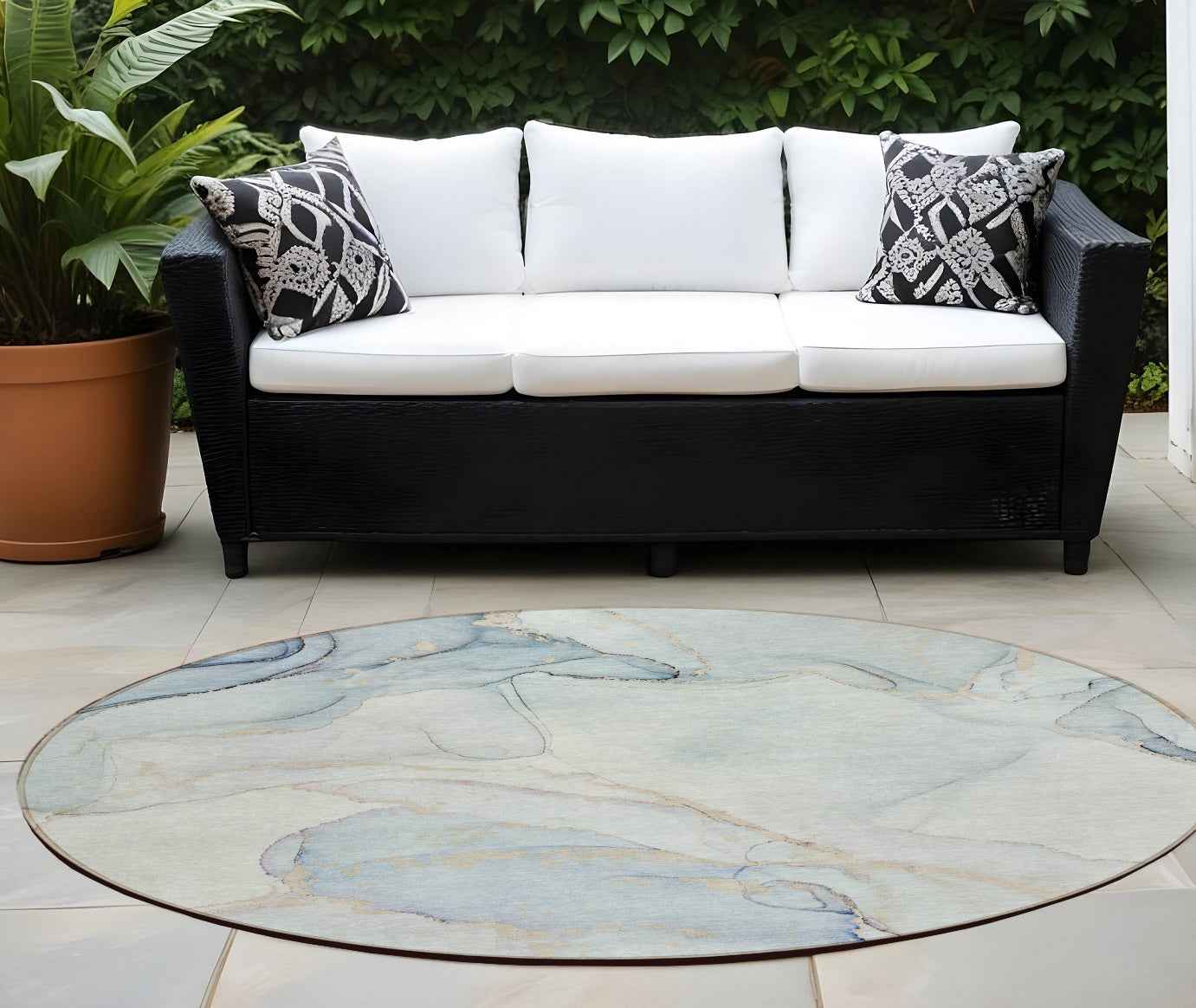 8' Round Beige and Blue Round Abstract Washable Non Skid Indoor Outdoor Area Rug