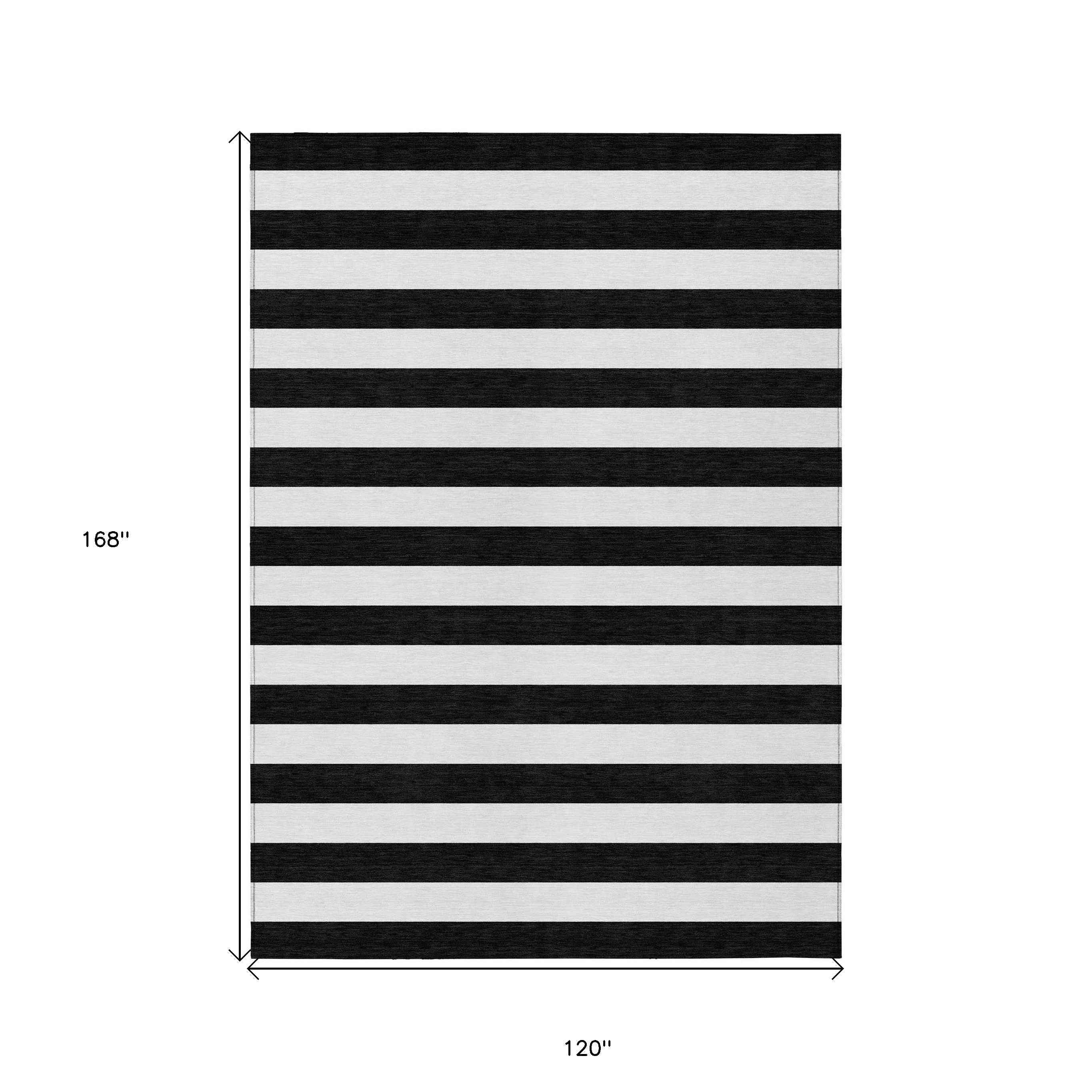 10' X 14' Black and White Striped Washable Non Skid Indoor Outdoor Area Rug