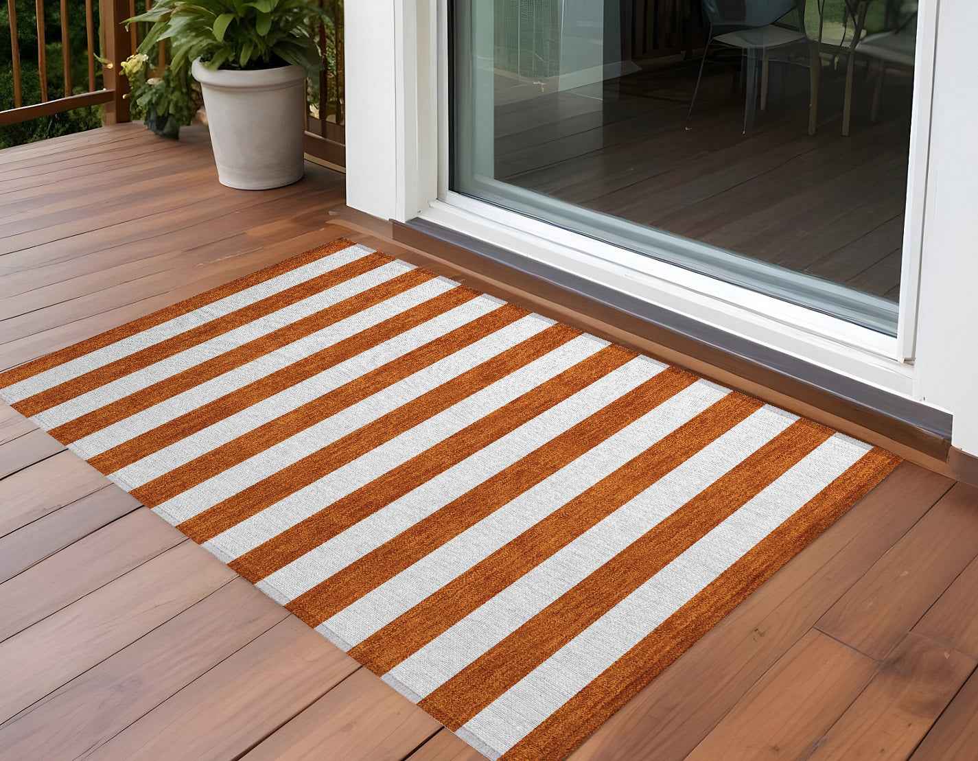 3' X 5' Orange Striped Washable Non Skid Indoor Outdoor Area Rug