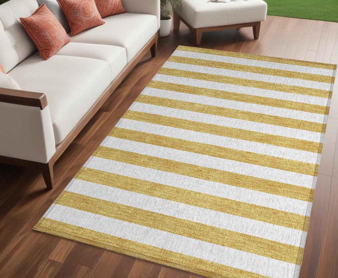 5' X 8' Gold Striped Washable Non Skid Indoor Outdoor Area Rug
