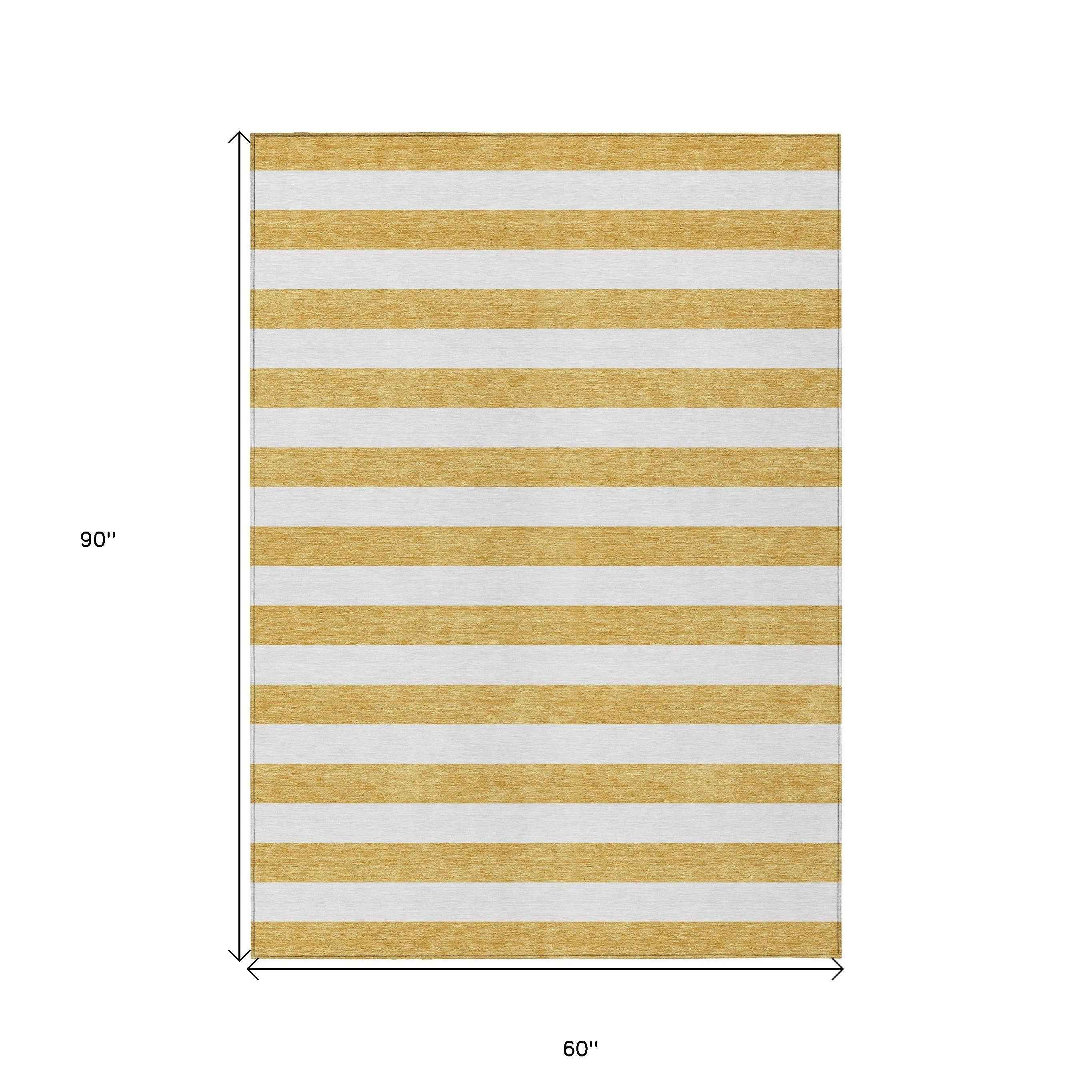 5' X 8' Gold Striped Washable Non Skid Indoor Outdoor Area Rug