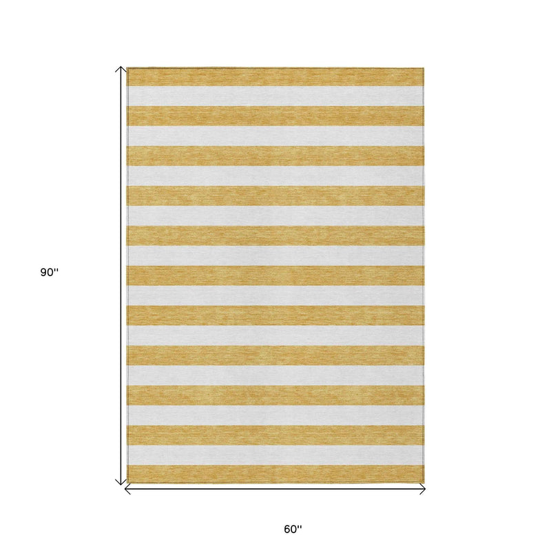 5' X 8' Gold Striped Washable Non Skid Indoor Outdoor Area Rug