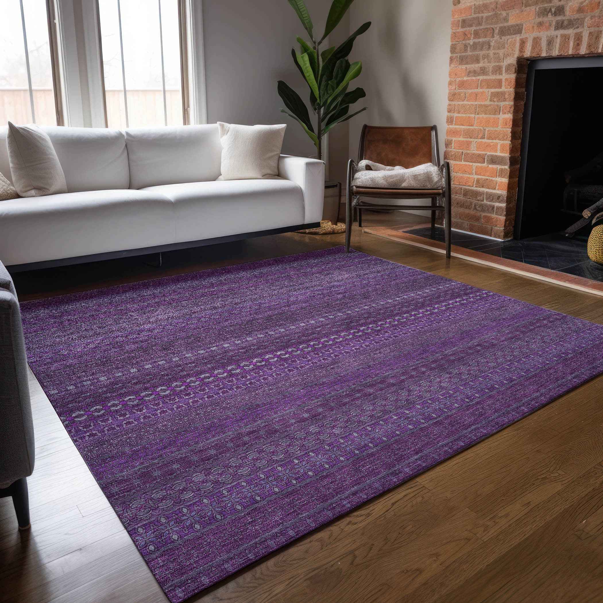 9' X 12' Eggplant Striped Washable Non Skid Indoor Outdoor Area Rug