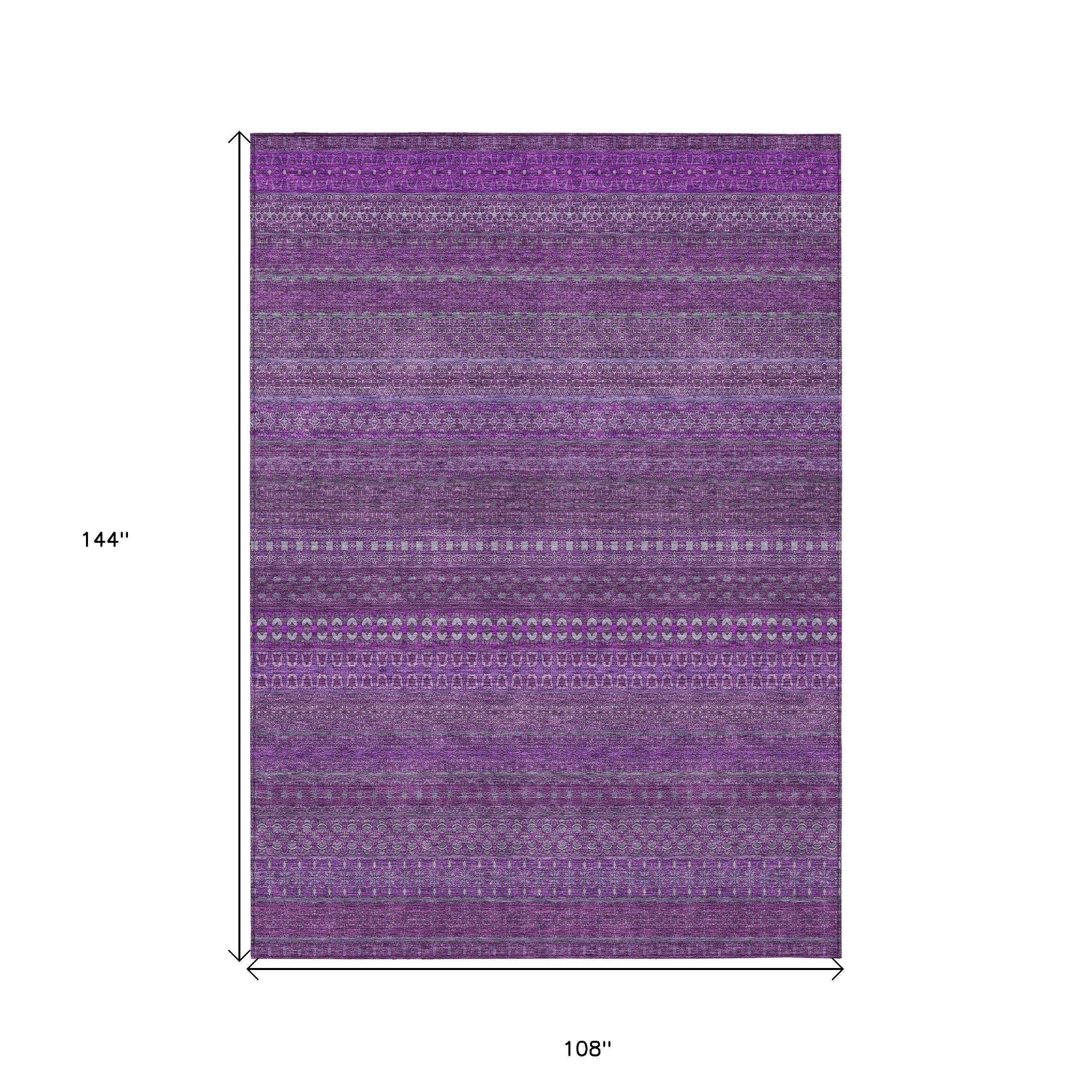 9' X 12' Eggplant Striped Washable Non Skid Indoor Outdoor Area Rug