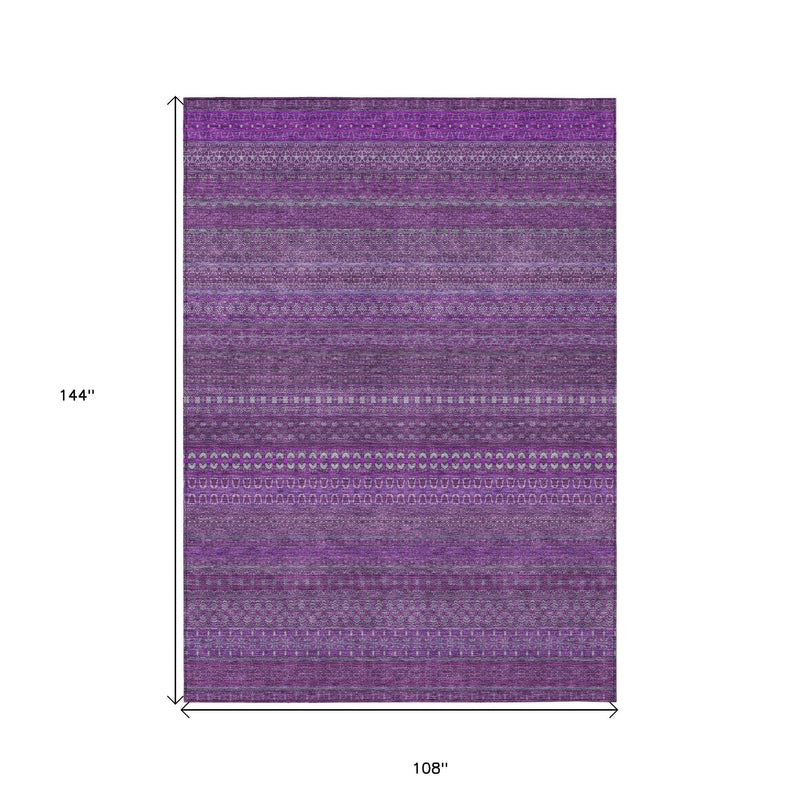 9' X 12' Eggplant Striped Washable Non Skid Indoor Outdoor Area Rug