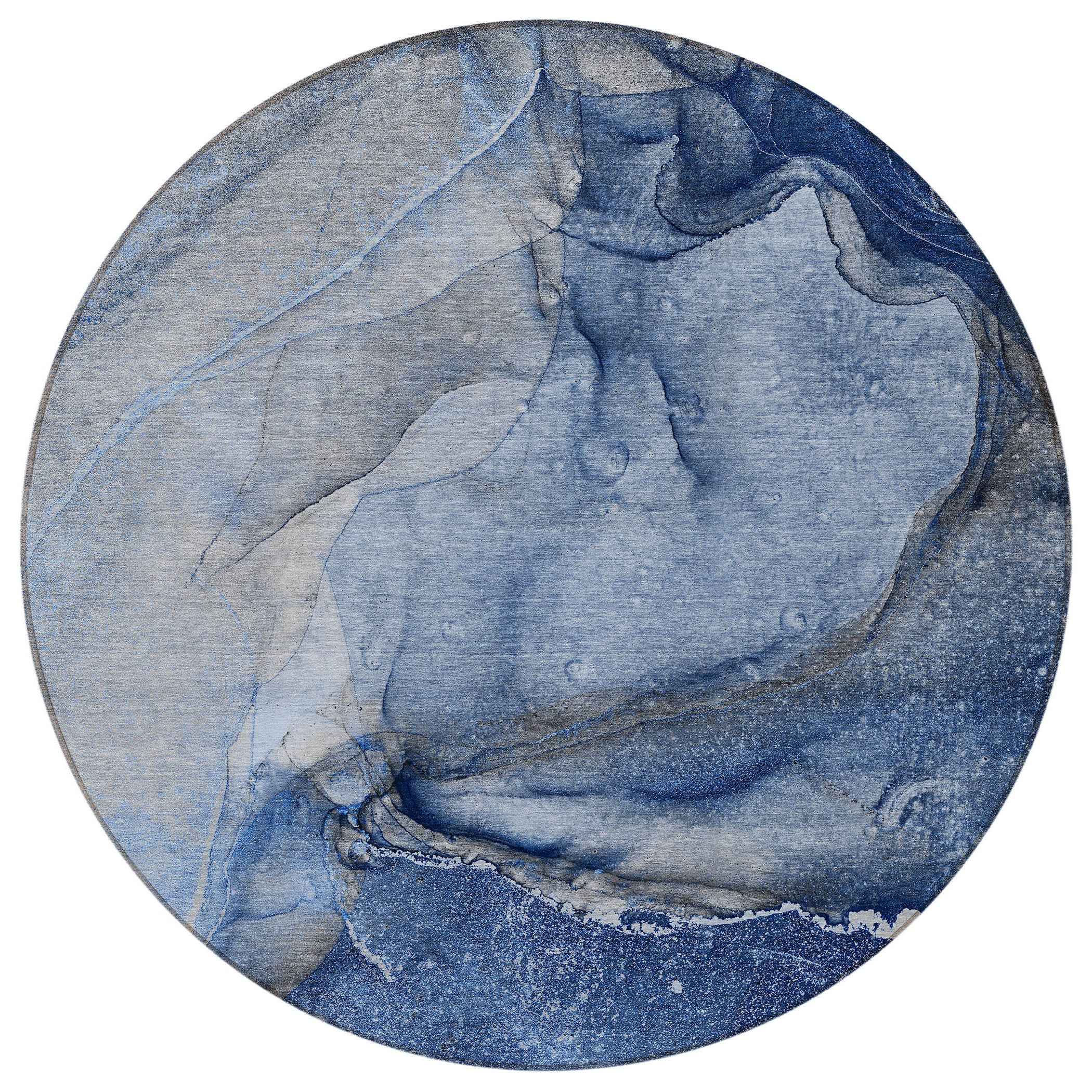 8' Round Navy Blue Round Abstract Washable Non Skid Indoor Outdoor Area Rug