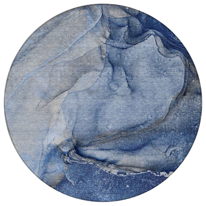 8' Round Navy Blue Round Abstract Washable Non Skid Indoor Outdoor Area Rug