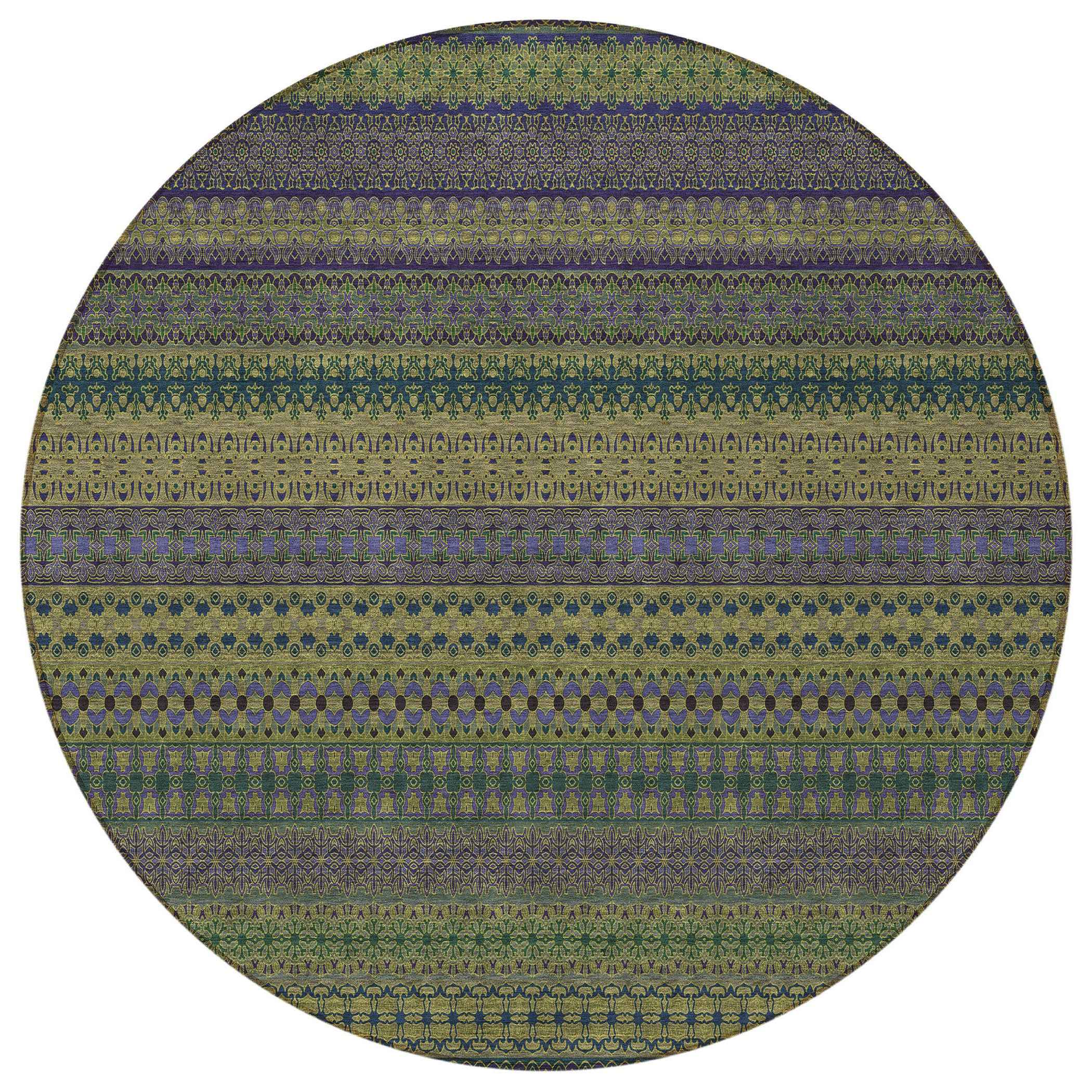 8' Round Olive Green Round Striped Washable Non Skid Indoor Outdoor Area Rug