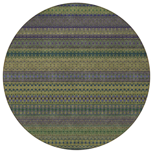 8' Round Olive Green Round Striped Washable Non Skid Indoor Outdoor Area Rug