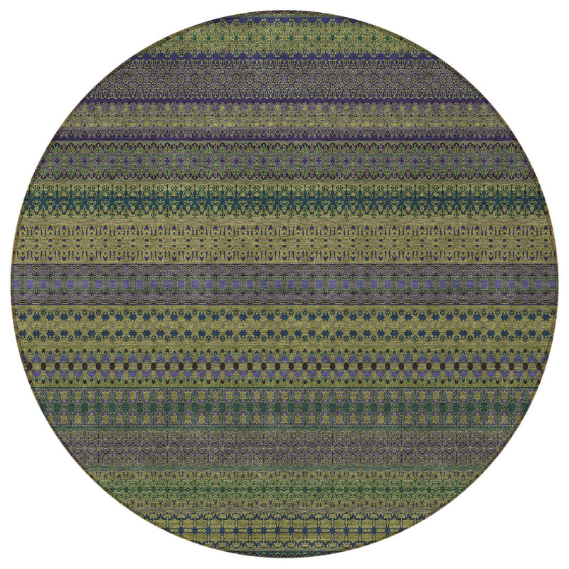 8' Round Olive Green Round Striped Washable Non Skid Indoor Outdoor Area Rug