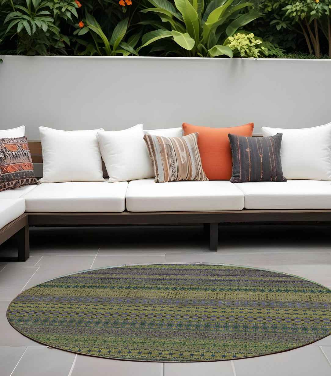 8' Round Olive Green Round Striped Washable Non Skid Indoor Outdoor Area Rug