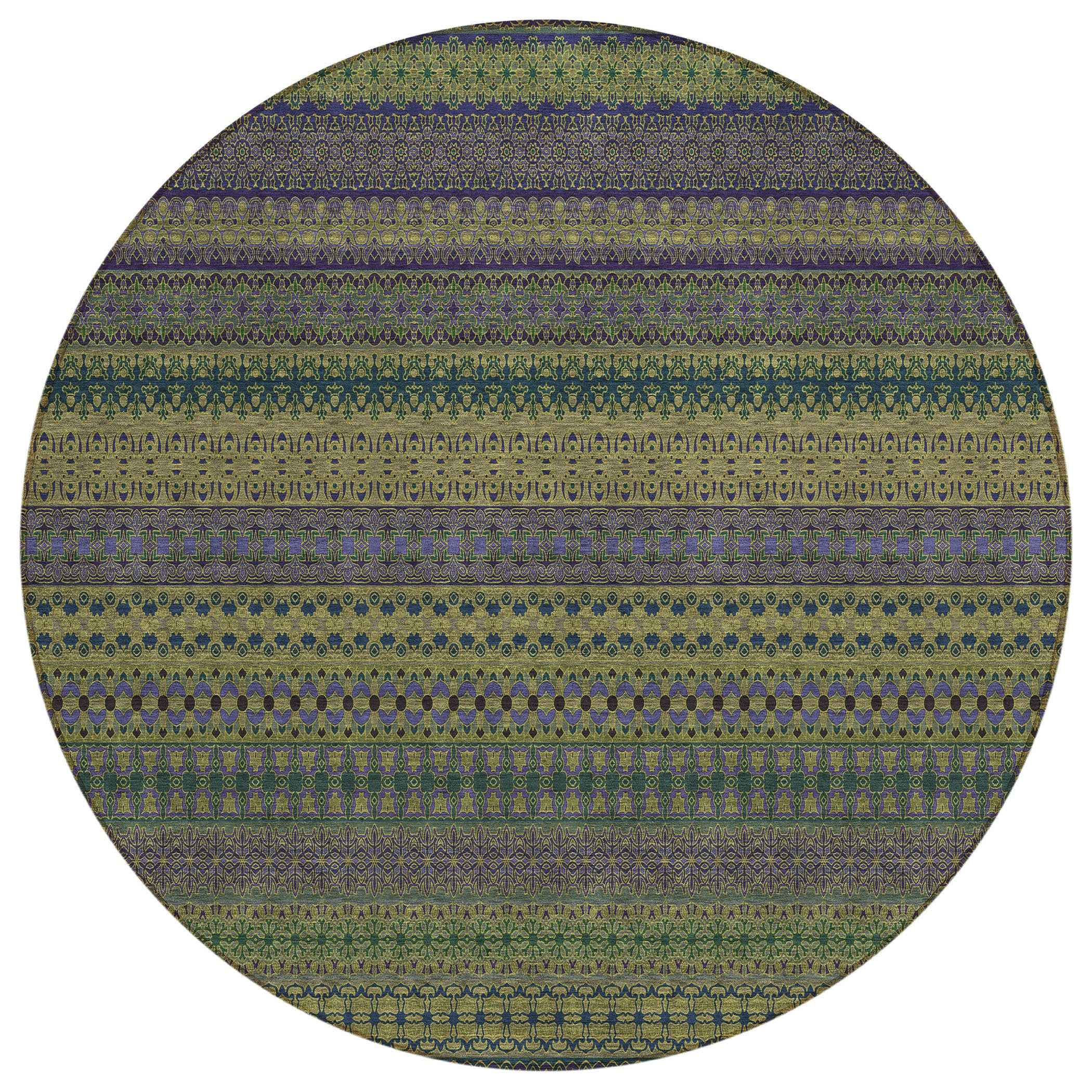 8' Round Olive Green Round Striped Washable Non Skid Indoor Outdoor Area Rug