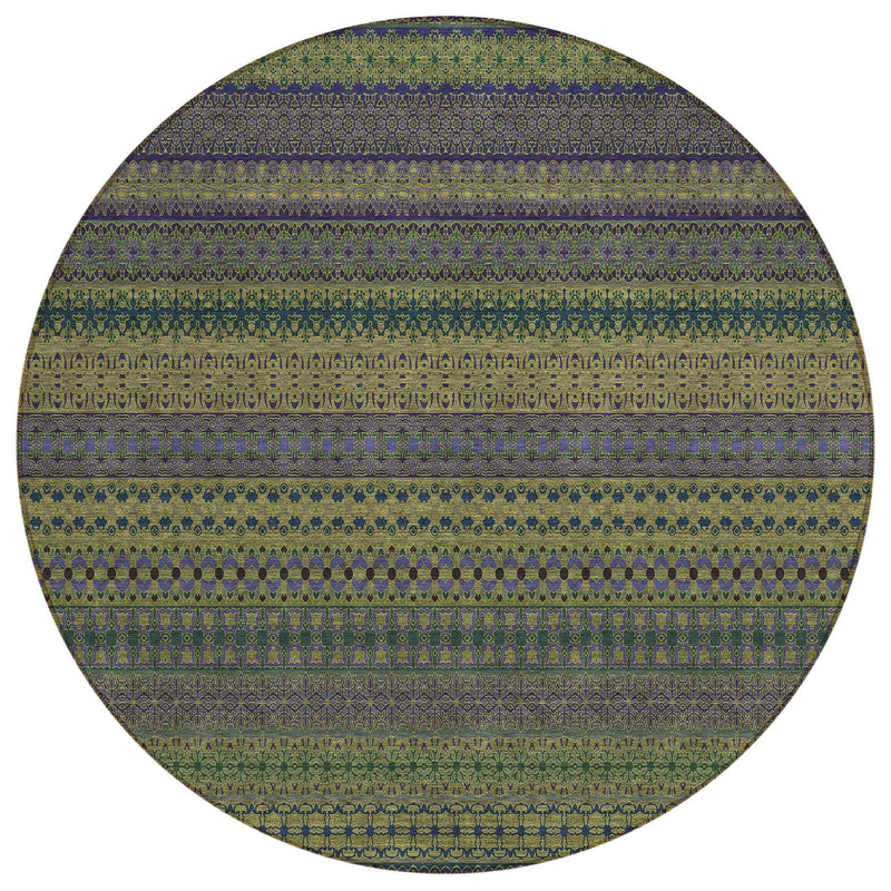 8' Round Olive Green Round Striped Washable Non Skid Indoor Outdoor Area Rug