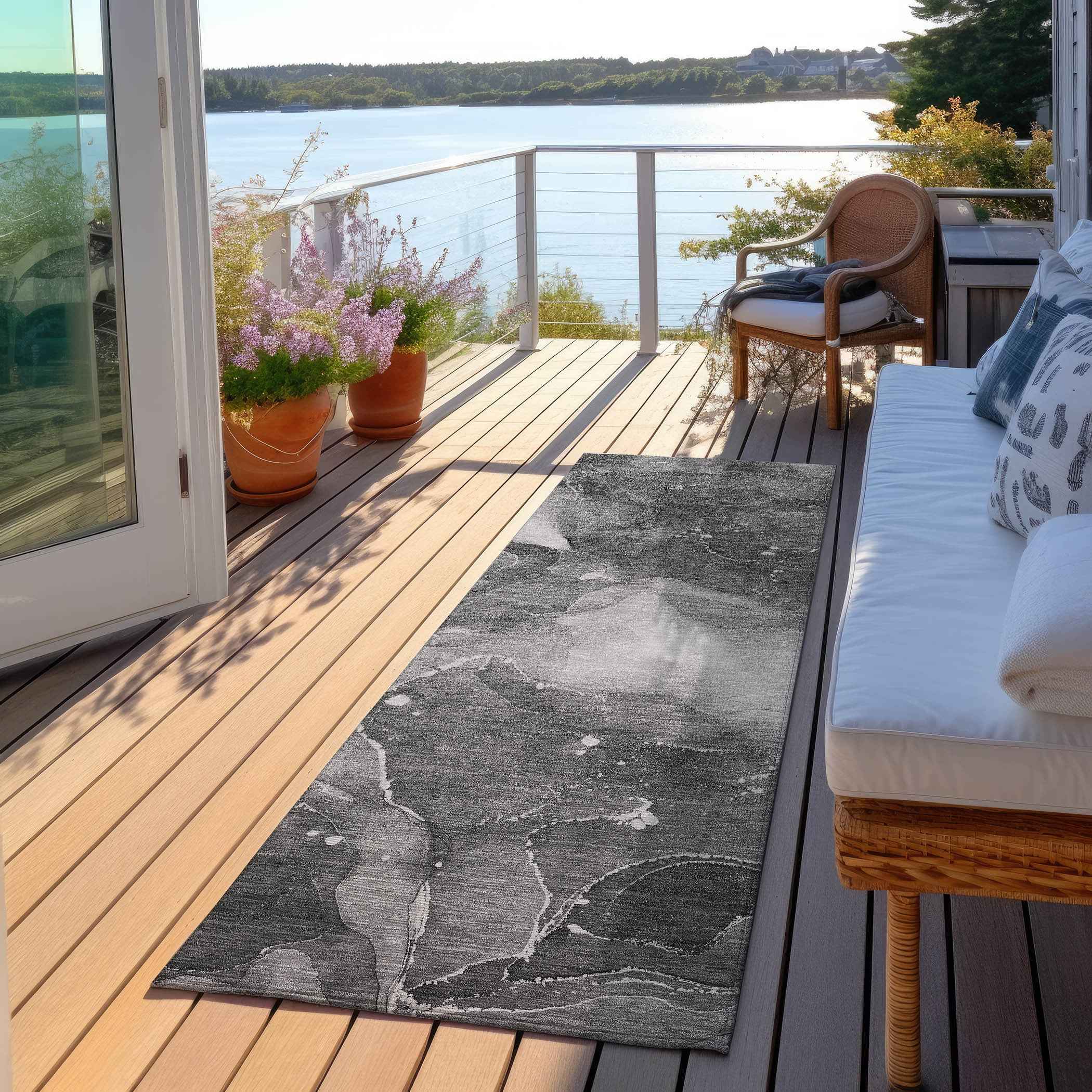 8' Runner Gray Abstract Washable Non Skid Indoor Outdoor Runner Rug