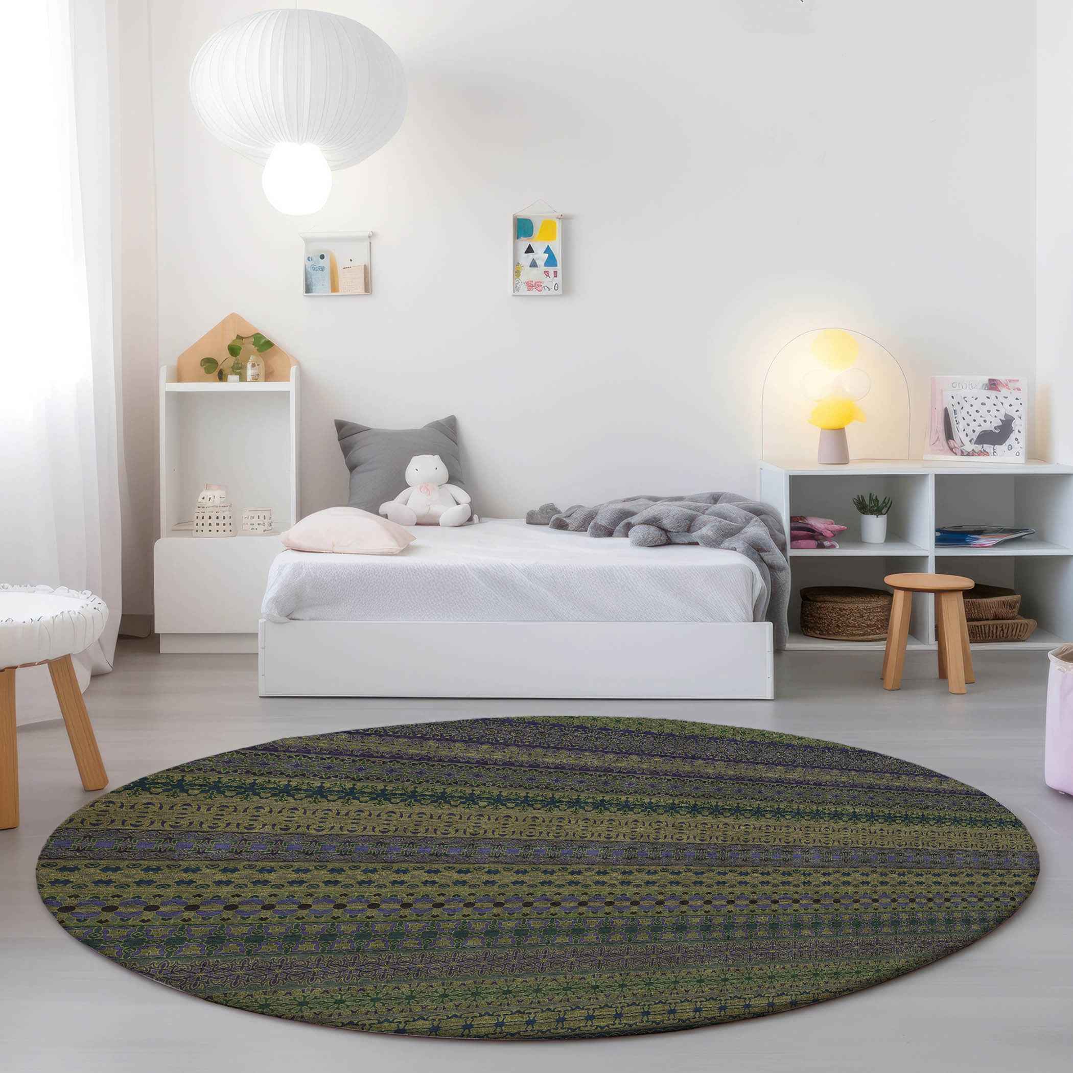 8' Round Olive Green Round Striped Washable Non Skid Indoor Outdoor Area Rug