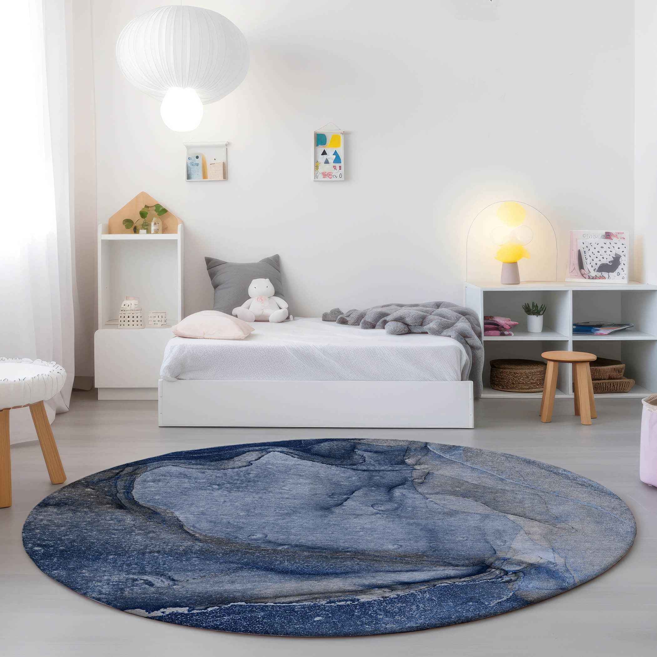 8' Round Navy Blue Round Abstract Washable Non Skid Indoor Outdoor Area Rug