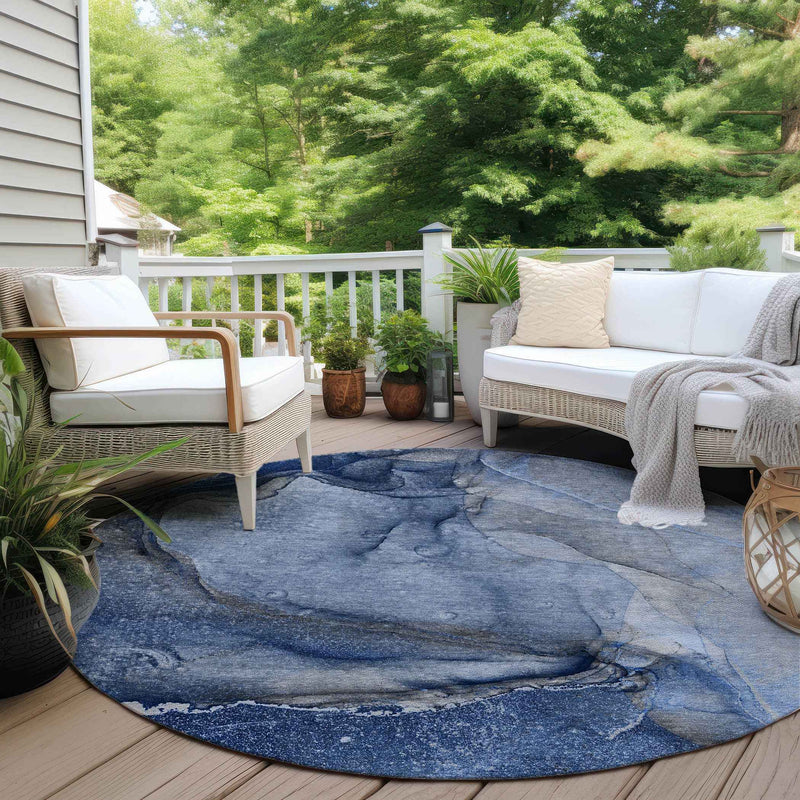 8' Round Navy Blue Round Abstract Washable Non Skid Indoor Outdoor Area Rug