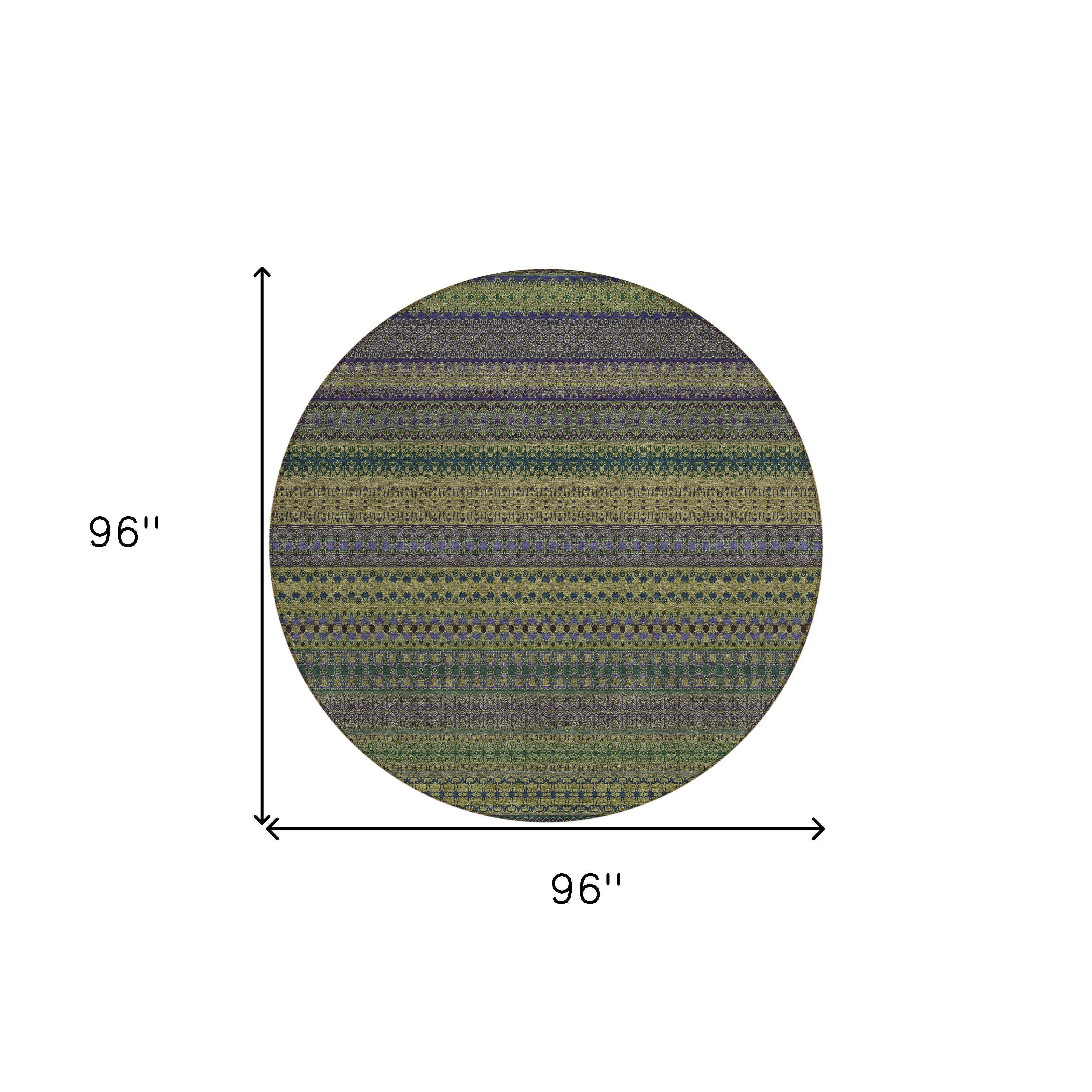 8' Round Olive Green Round Striped Washable Non Skid Indoor Outdoor Area Rug