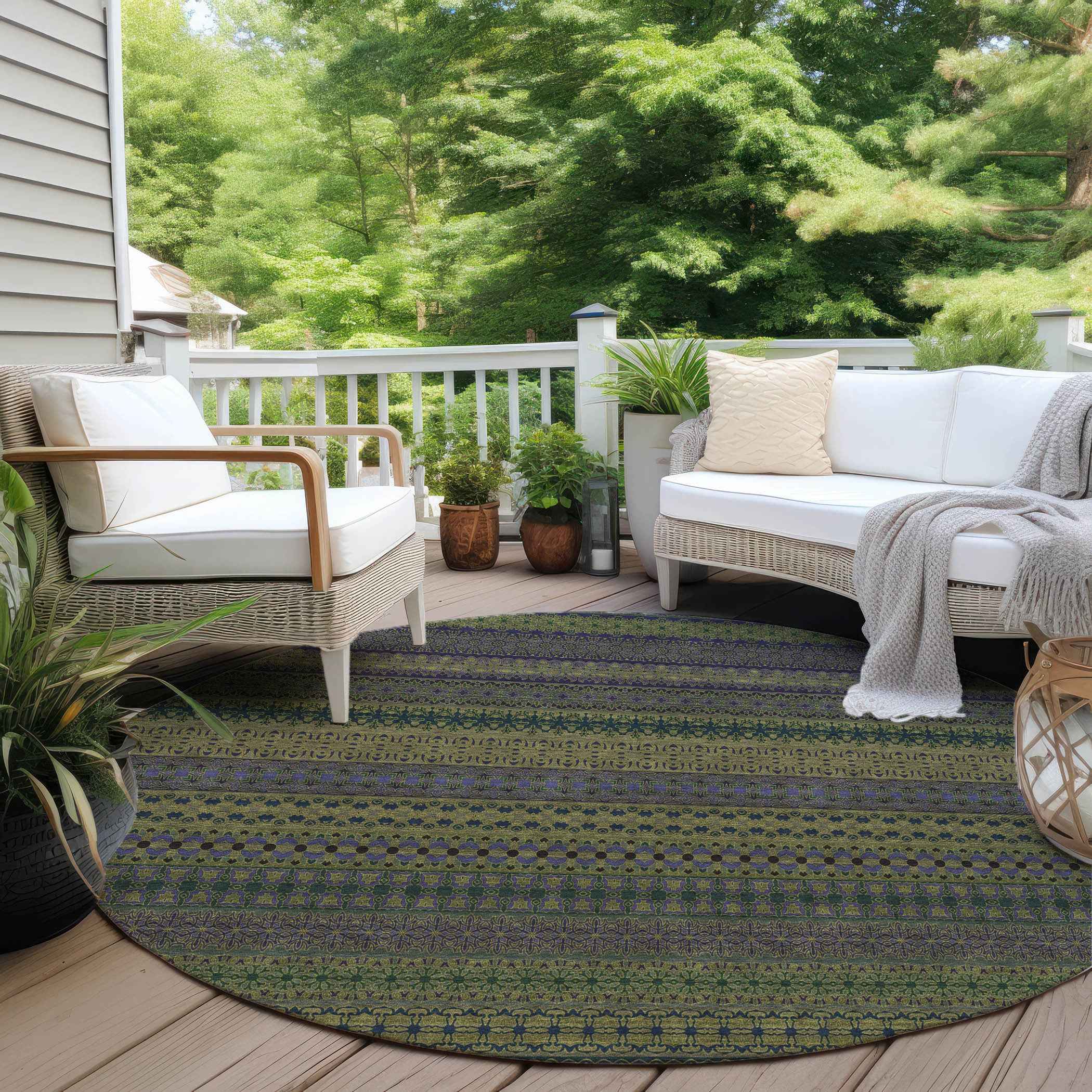 8' Round Olive Green Round Striped Washable Non Skid Indoor Outdoor Area Rug