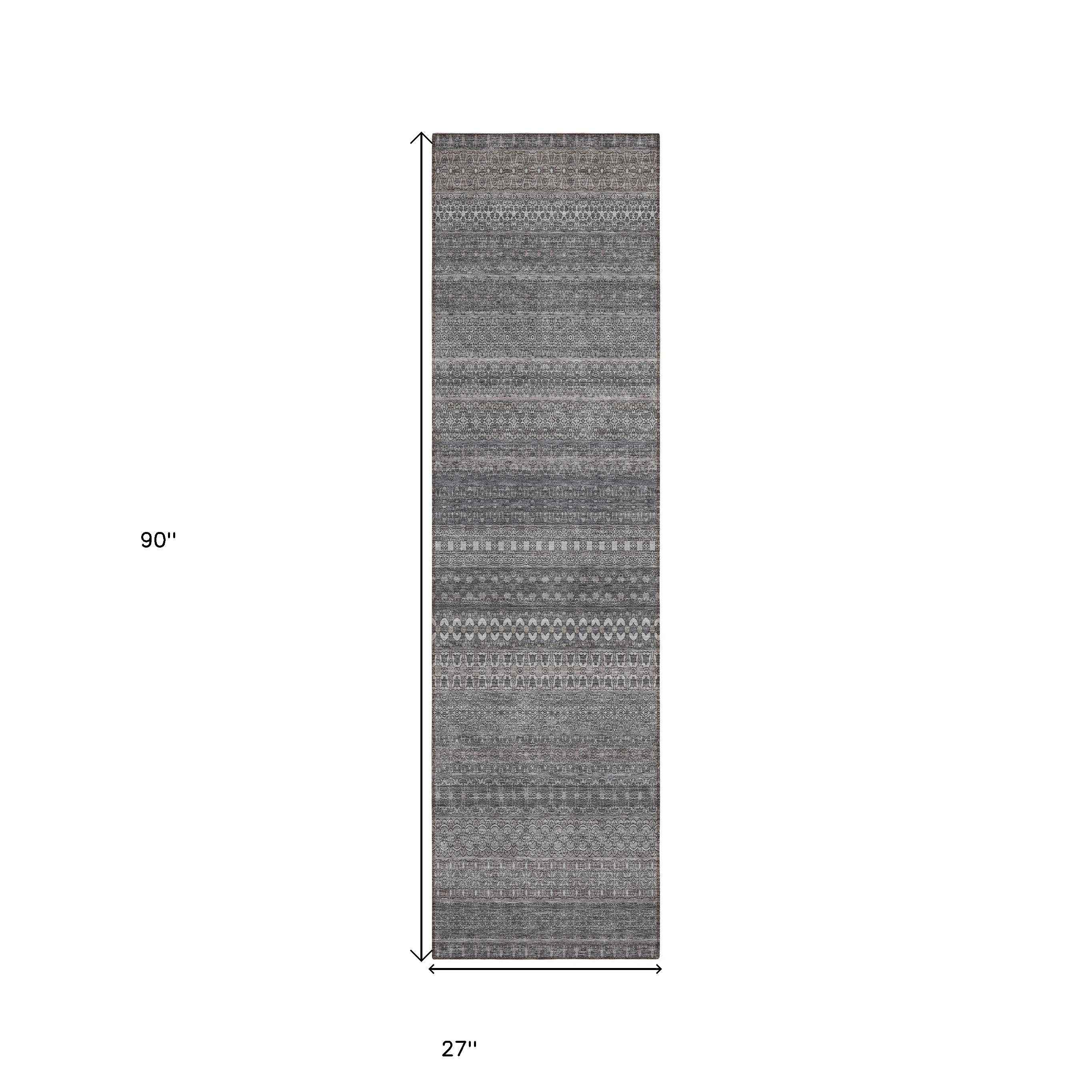 2' X 8' Gray Striped Washable Indoor Outdoor Runner Rug