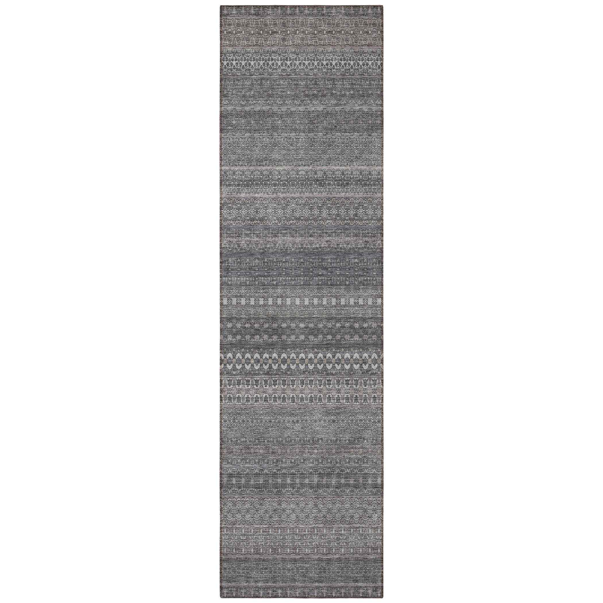 2' X 8' Gray Striped Washable Indoor Outdoor Runner Rug