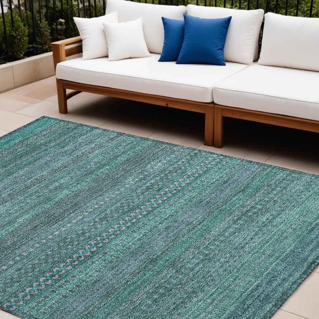 9' X 12' Turquoise Striped Washable Non Skid Indoor Outdoor Area Rug