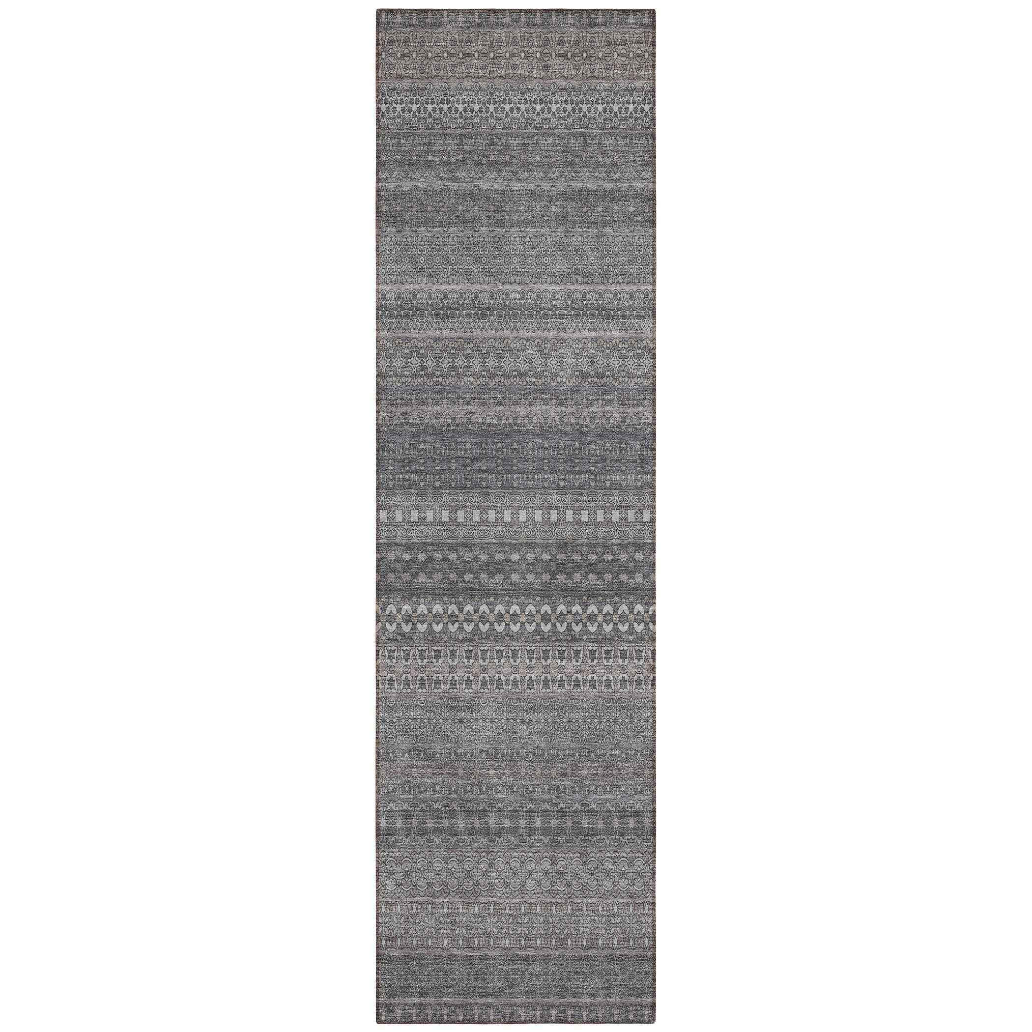 2' X 8' Gray Striped Washable Indoor Outdoor Runner Rug