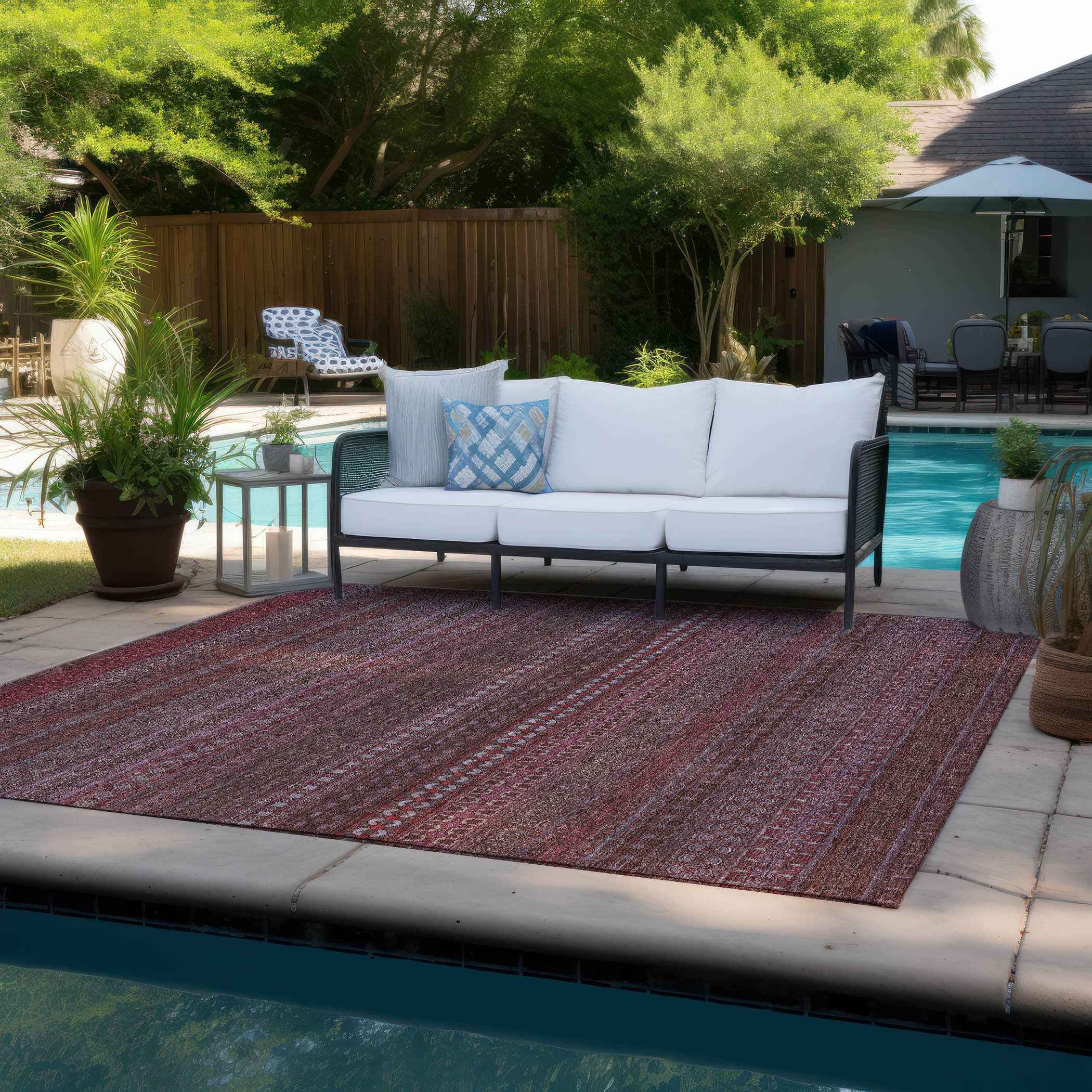 8' X 10' Merlot Striped Washable Non Skid Indoor Outdoor Area Rug