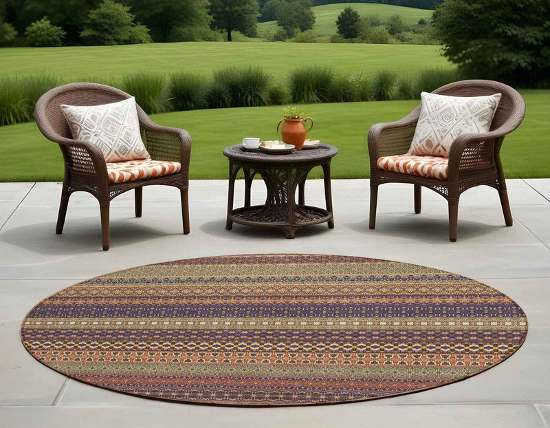 8' Round Orange Round Striped Washable Non Skid Indoor Outdoor Area Rug