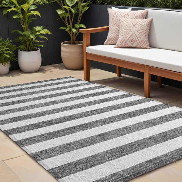 10' X 14' Charcoal Striped Washable Non Skid Indoor Outdoor Area Rug