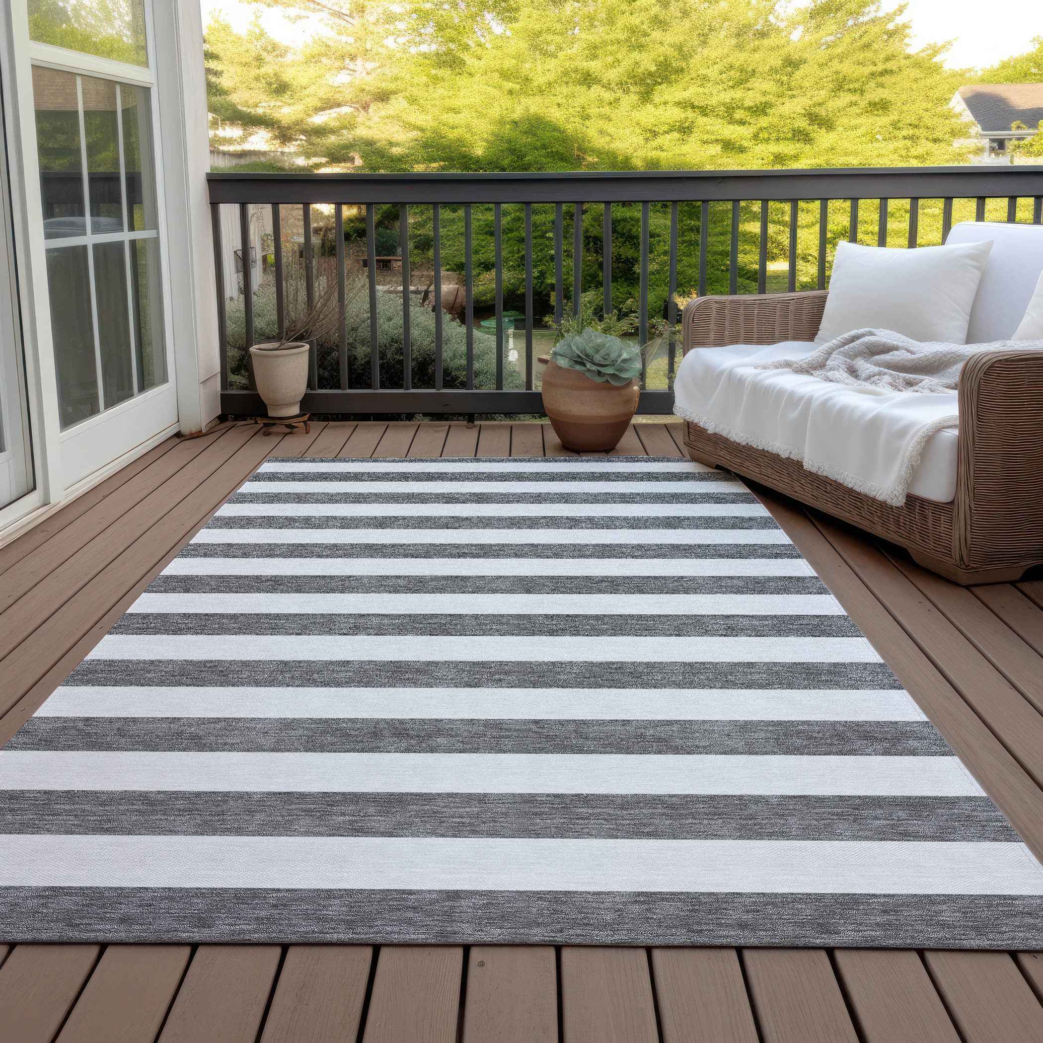 10' X 14' Charcoal Striped Washable Non Skid Indoor Outdoor Area Rug
