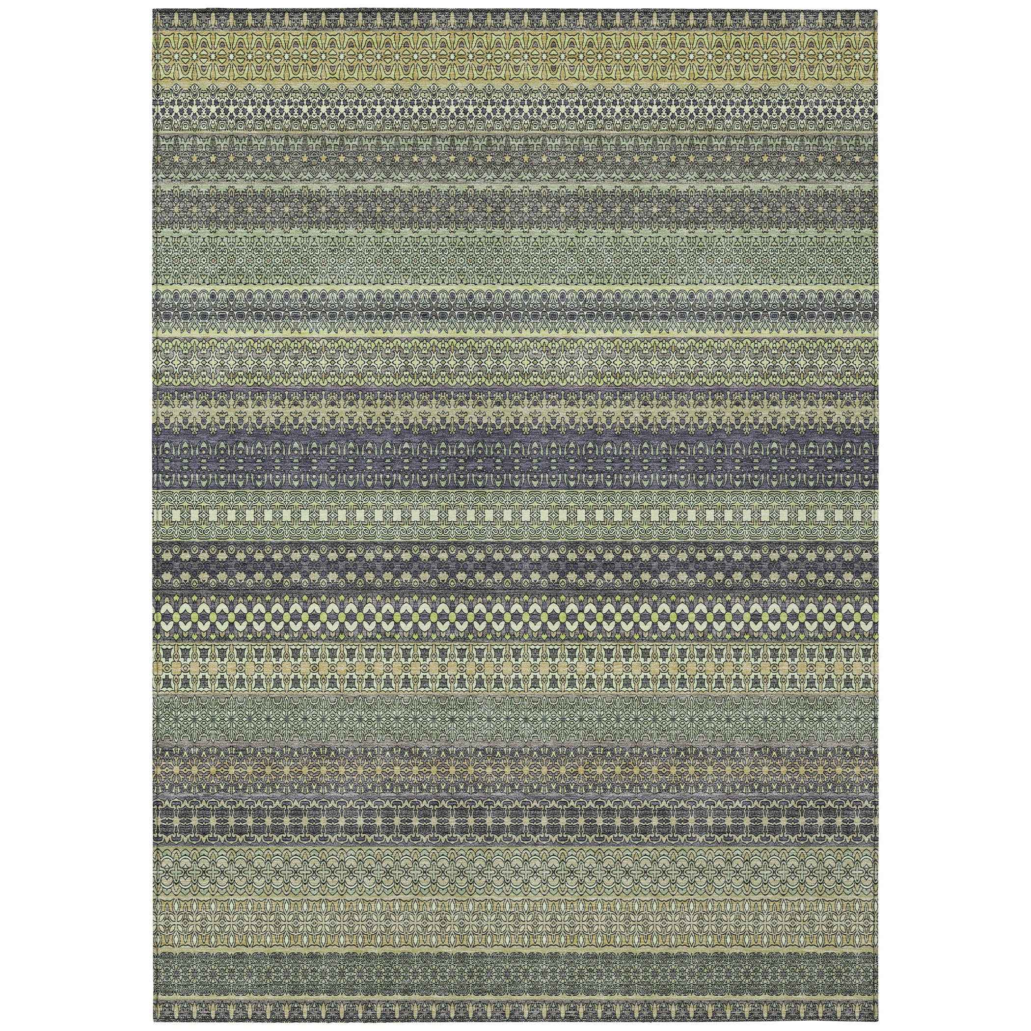 5' X 8' Sage Striped Washable Non Skid Indoor Outdoor Area Rug