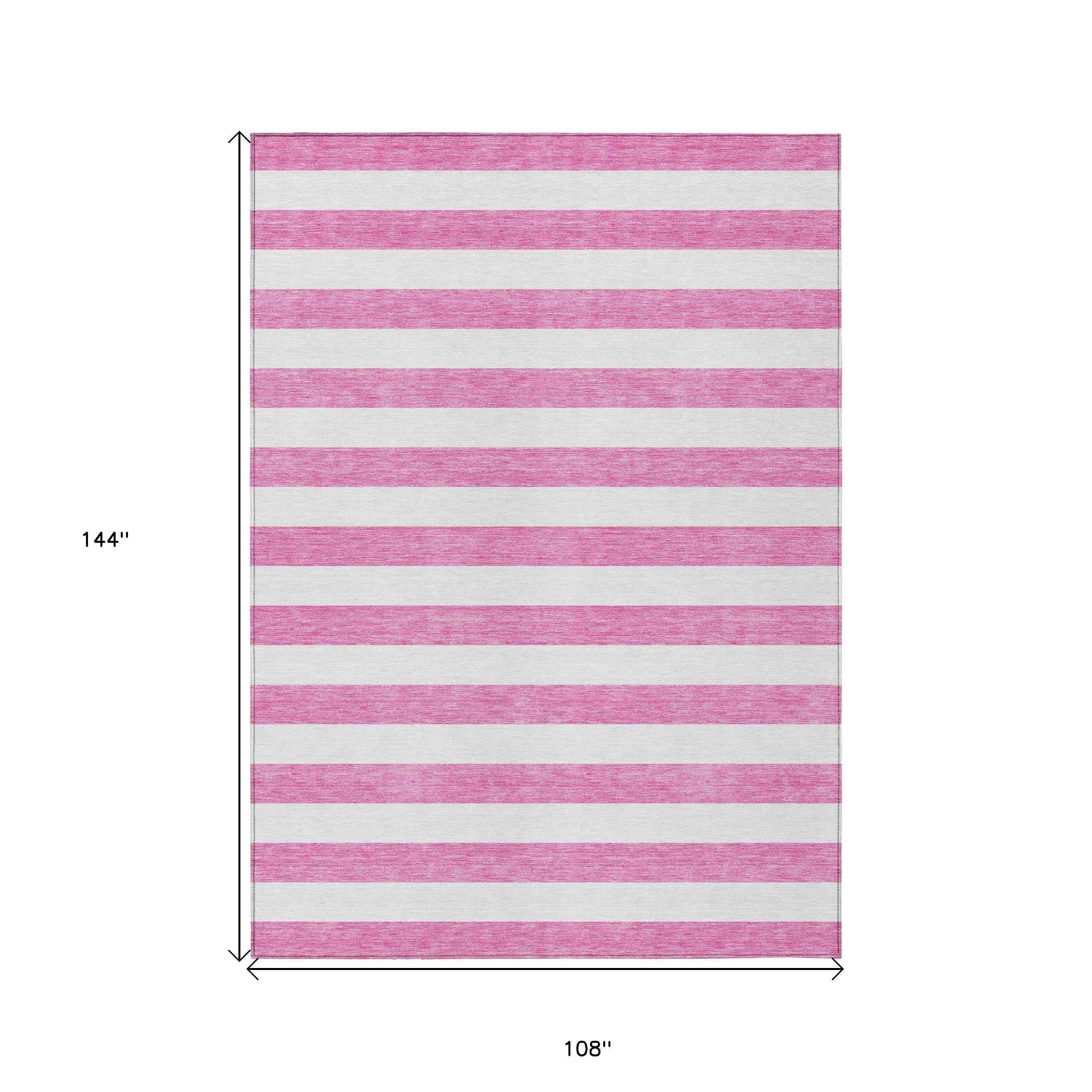 9' X 12' Pink and White Striped Washable Non Skid Indoor Outdoor Area Rug