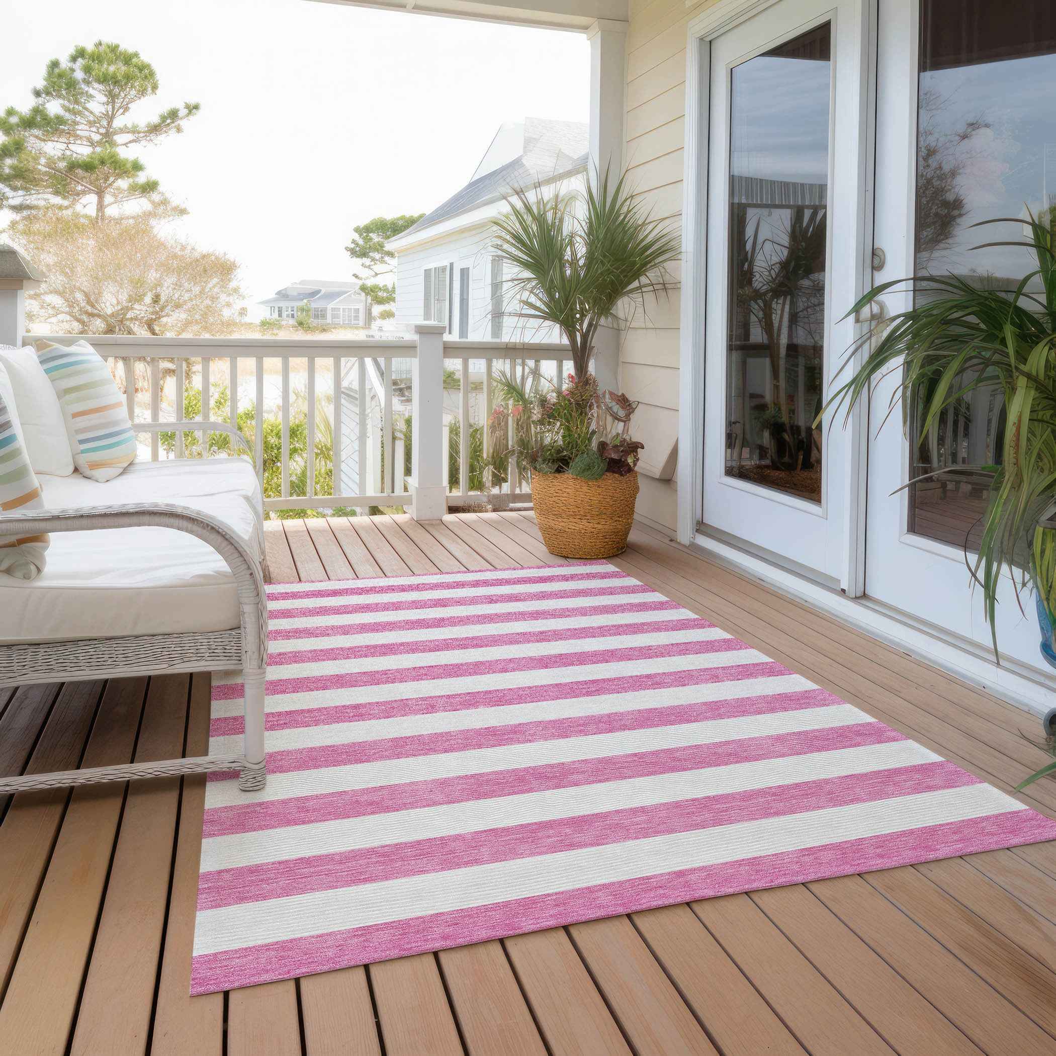 9' X 12' Pink and White Striped Washable Non Skid Indoor Outdoor Area Rug