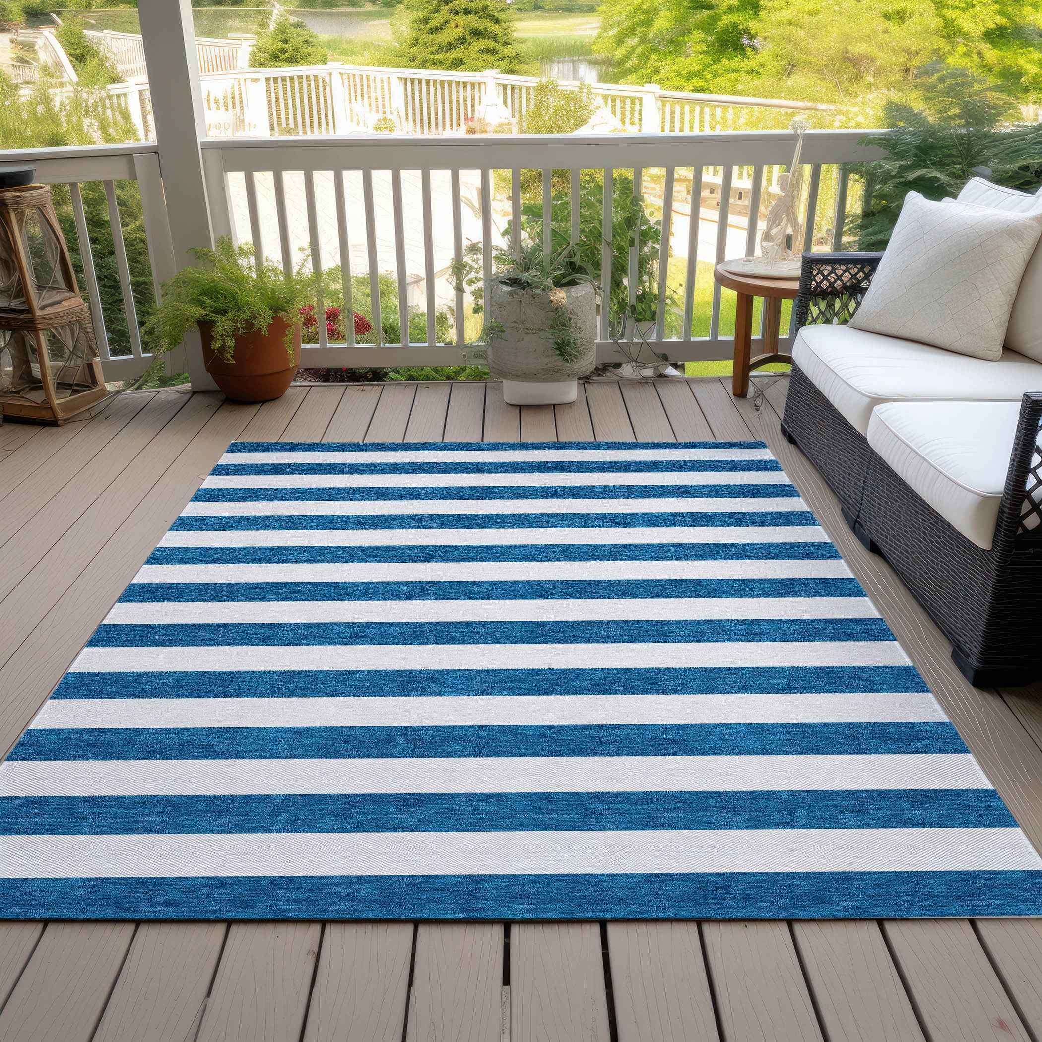 10' X 14' Navy Blue Striped Washable Non Skid Indoor Outdoor Area Rug