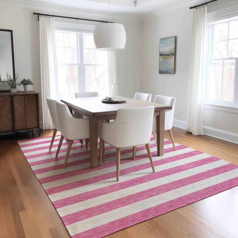 9' X 12' Pink and White Striped Washable Non Skid Indoor Outdoor Area Rug