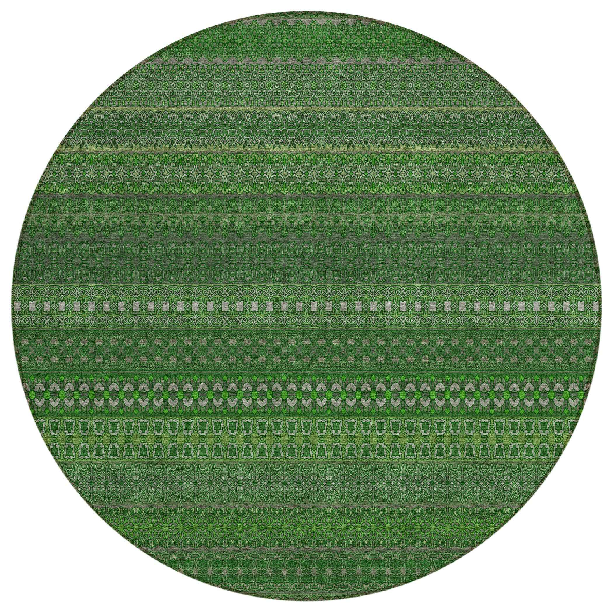 8' Round Fern Green Round Striped Washable Non Skid Indoor Outdoor Area Rug