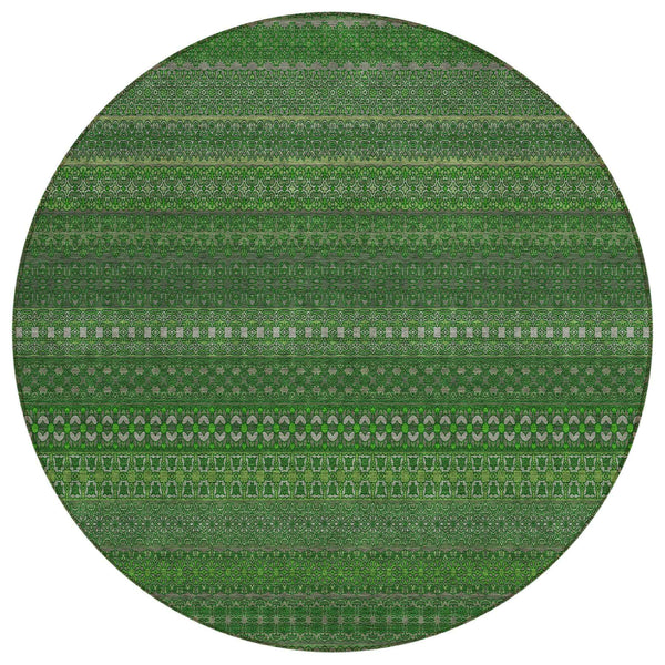 8' Round Fern Green Round Striped Washable Non Skid Indoor Outdoor Area Rug
