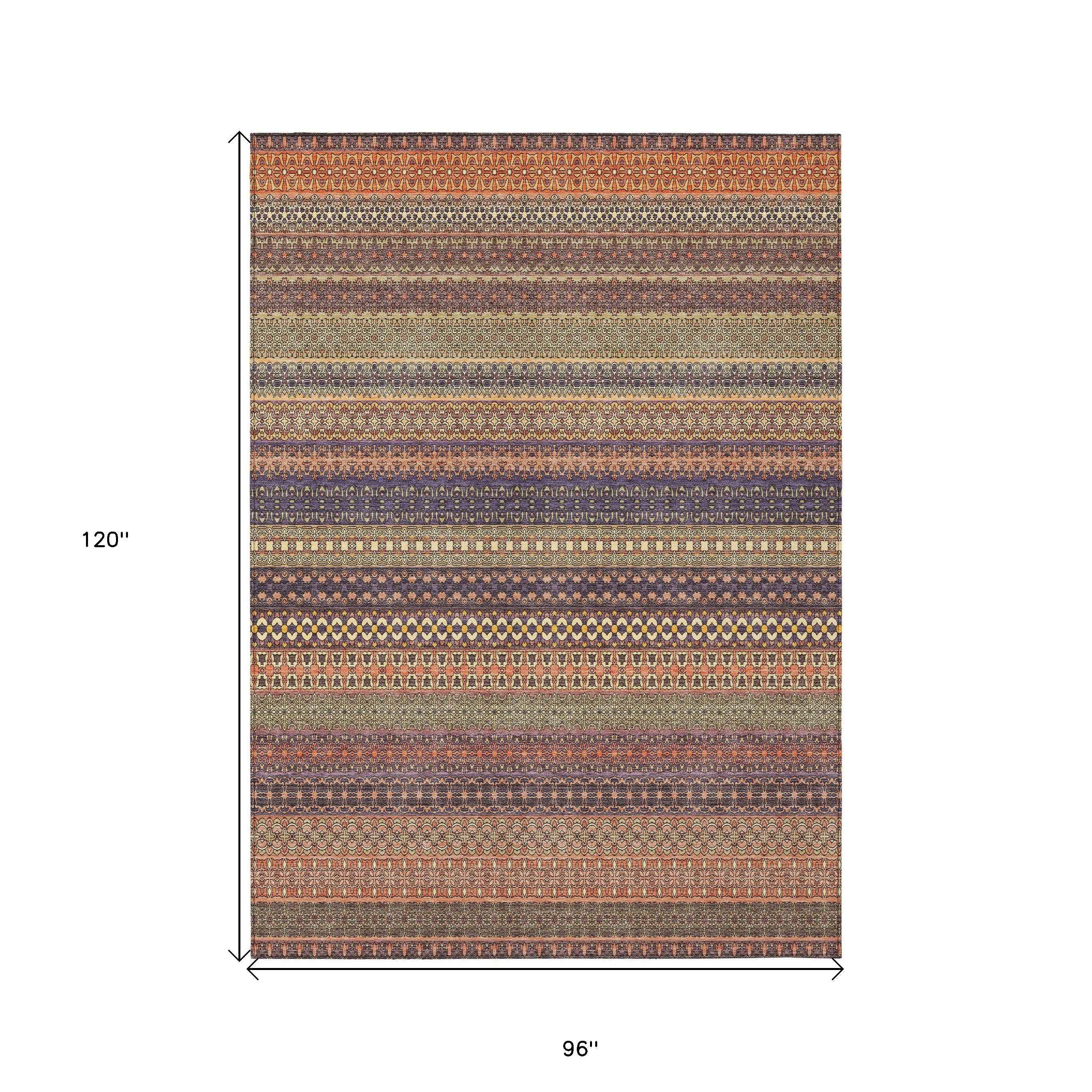 8' X 10' Orange Striped Washable Non Skid Indoor Outdoor Area Rug