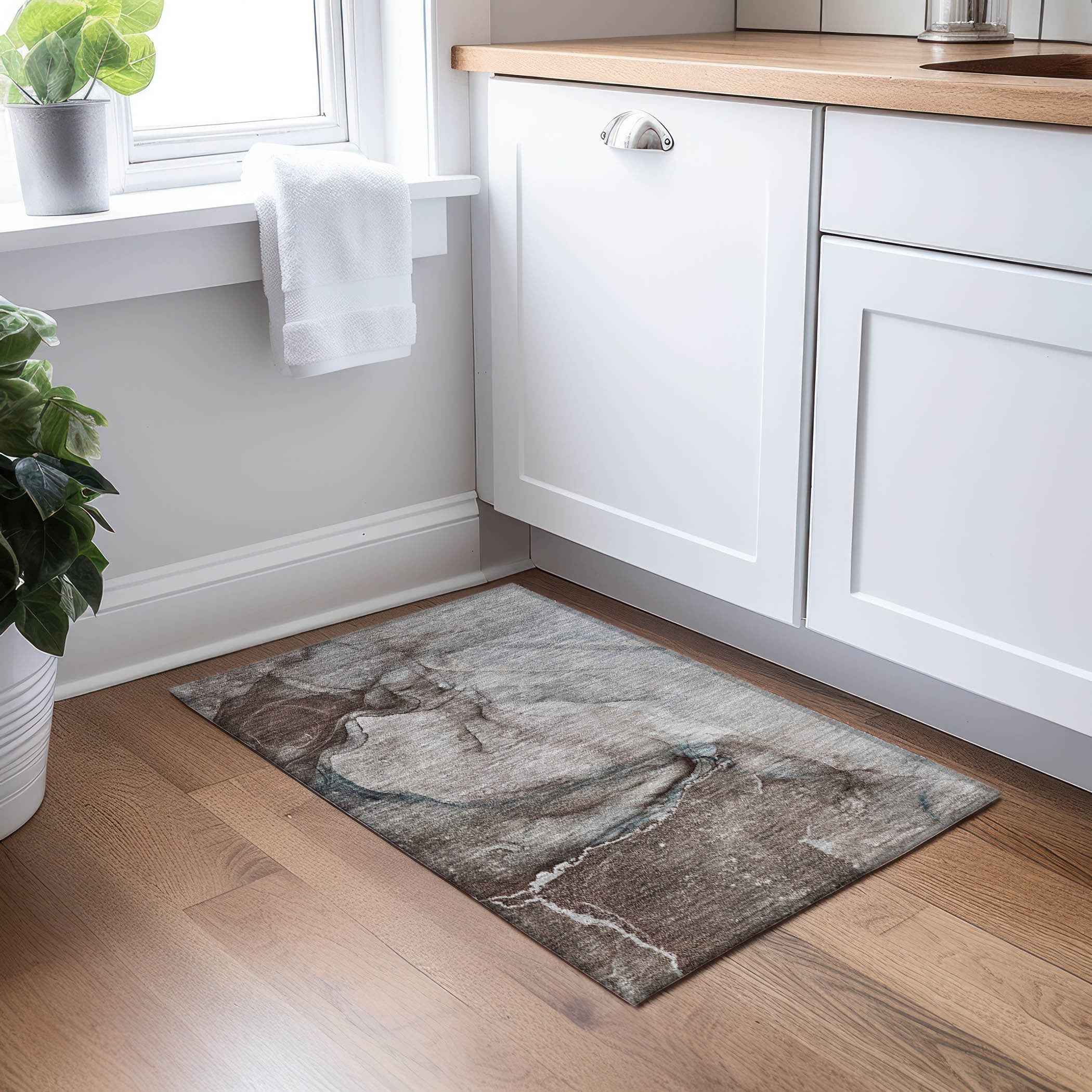 2' X 3' Taupe Abstract Washable Non Skid Indoor Outdoor Area Rug