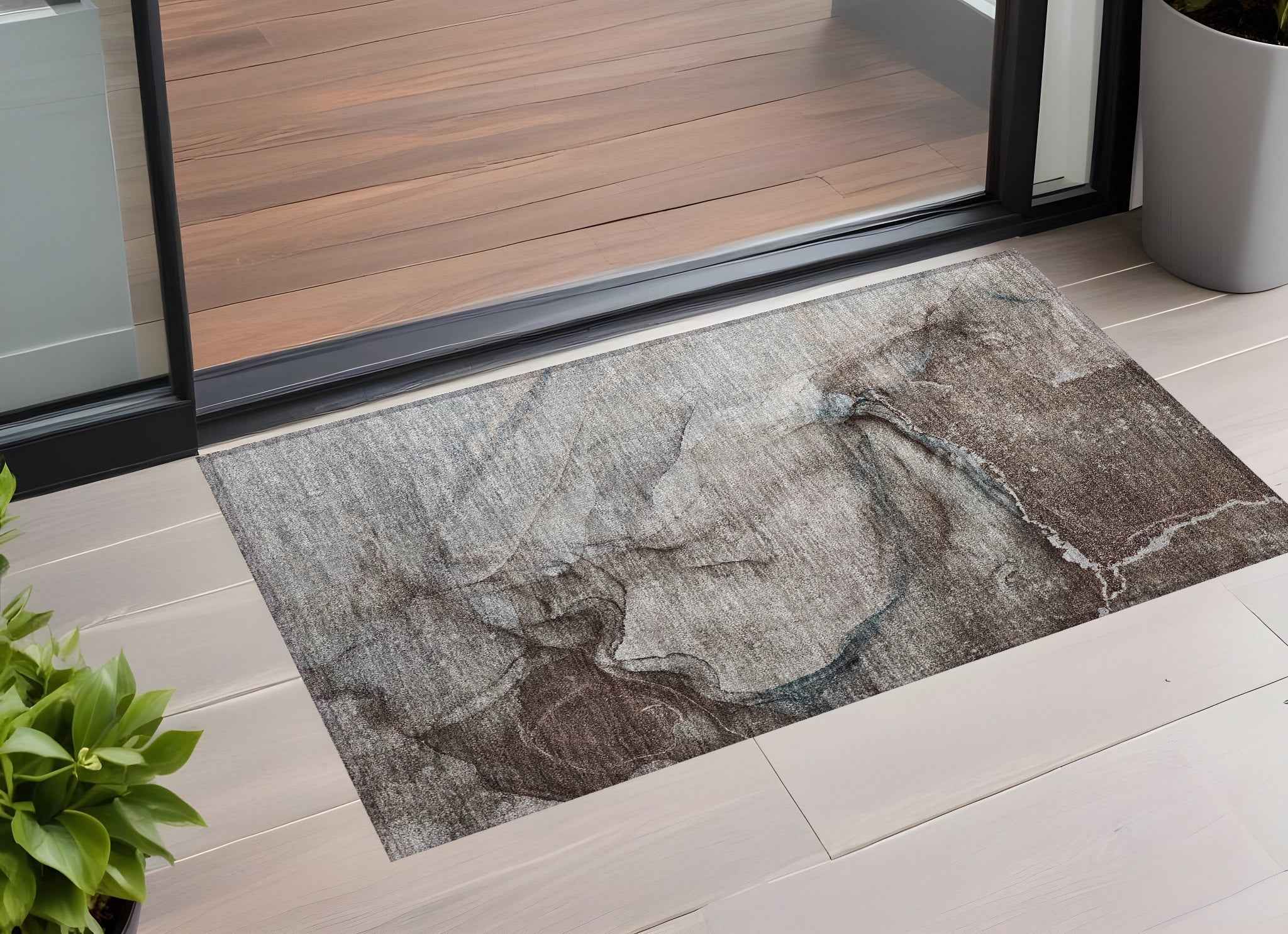 2' X 3' Taupe Abstract Washable Non Skid Indoor Outdoor Area Rug