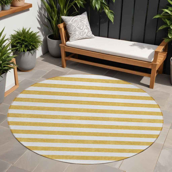 8' Round Gold Round Striped Washable Non Skid Indoor Outdoor Area Rug