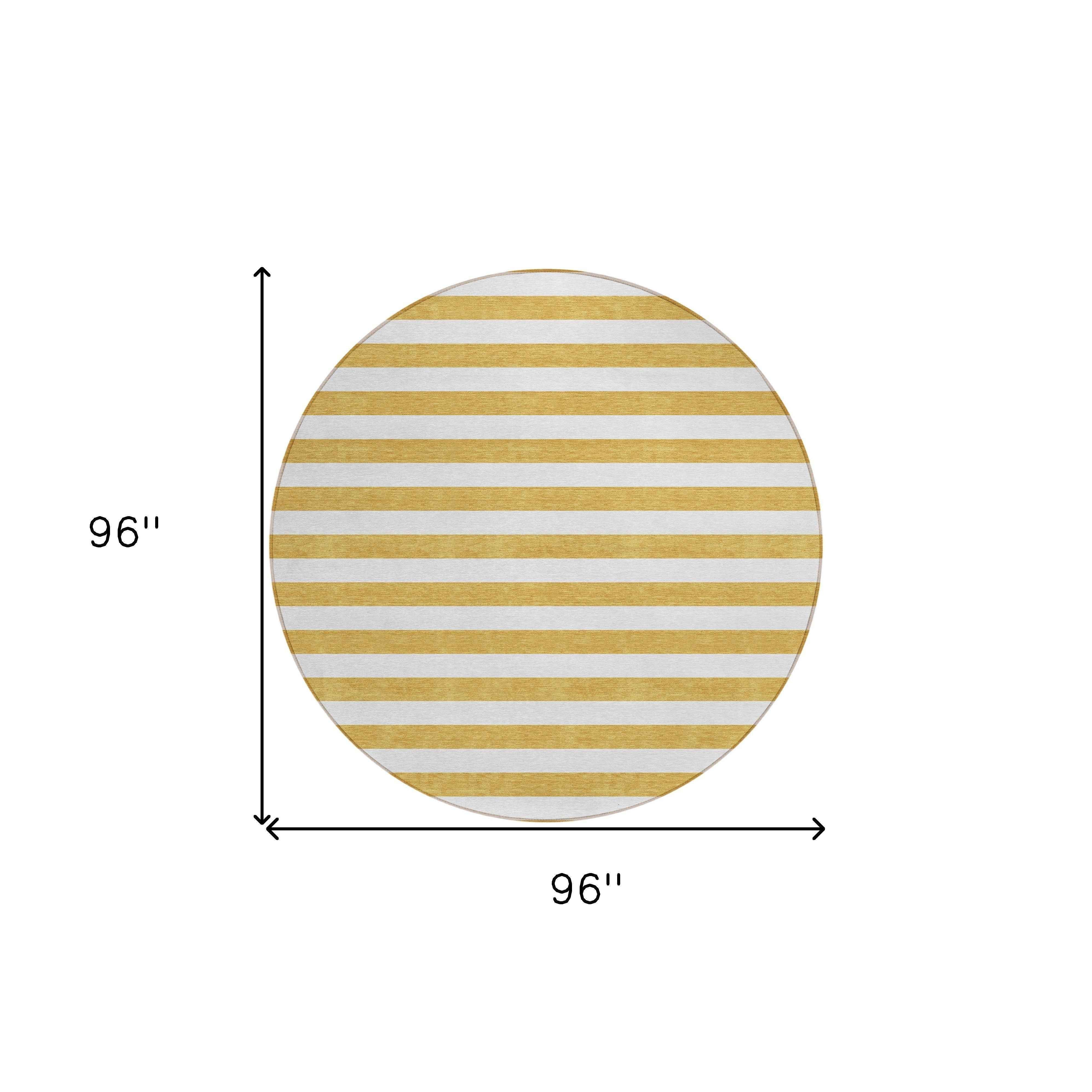 8' Round Gold Round Striped Washable Non Skid Indoor Outdoor Area Rug