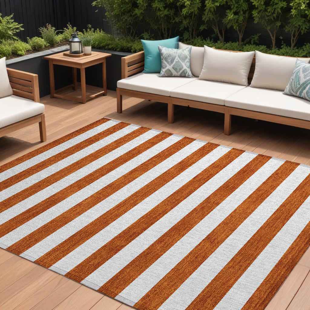 8' X 10' Orange Striped Washable Non Skid Indoor Outdoor Area Rug