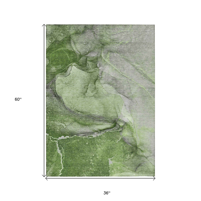 3' X 5' Olive Green Abstract Washable Non Skid Indoor Outdoor Area Rug