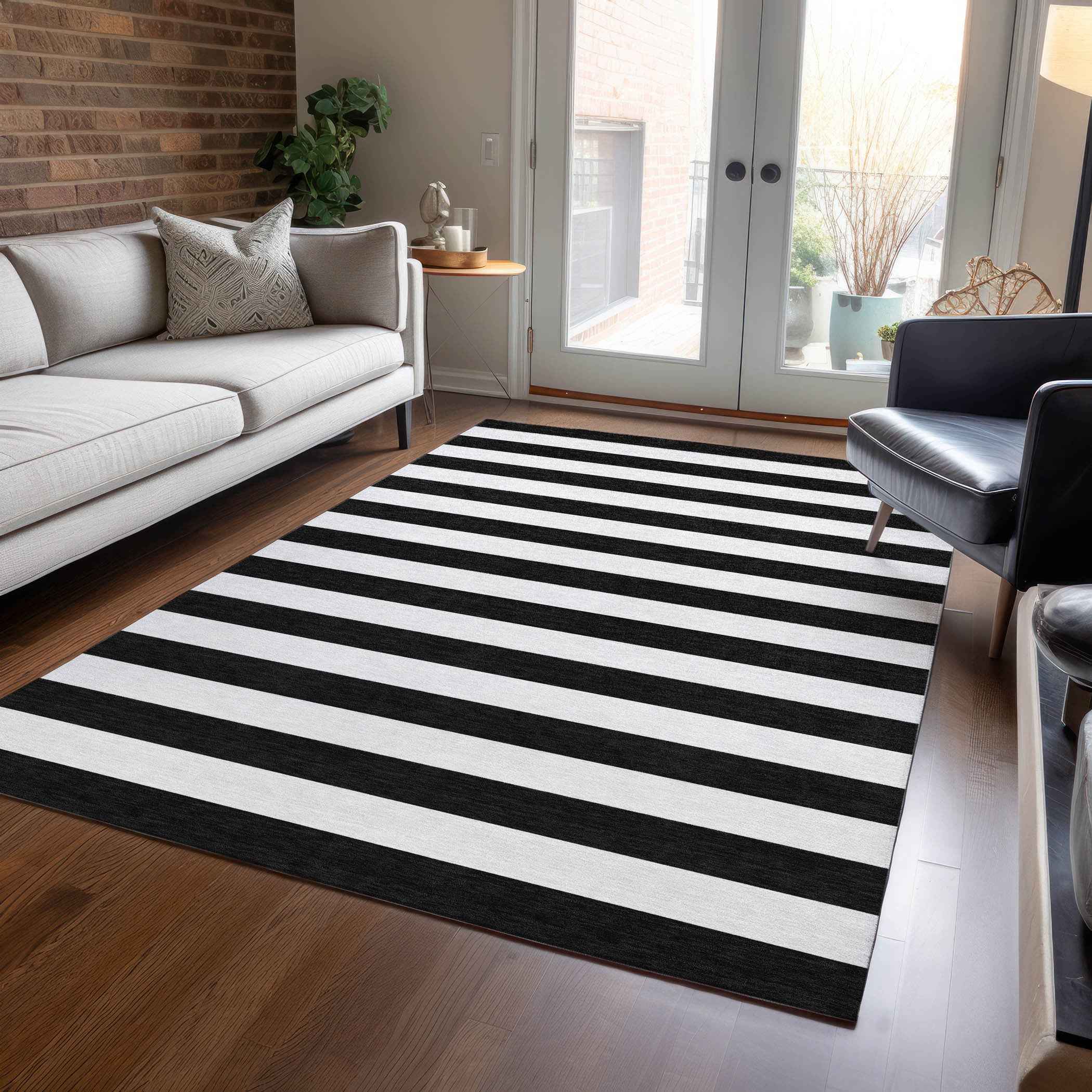 9' X 12' Black and White Striped Washable Non Skid Indoor Outdoor Area Rug