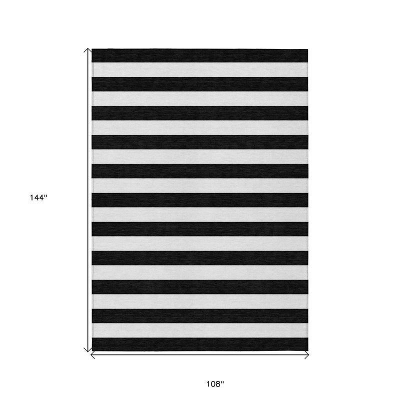 9' X 12' Black and White Striped Washable Non Skid Indoor Outdoor Area Rug