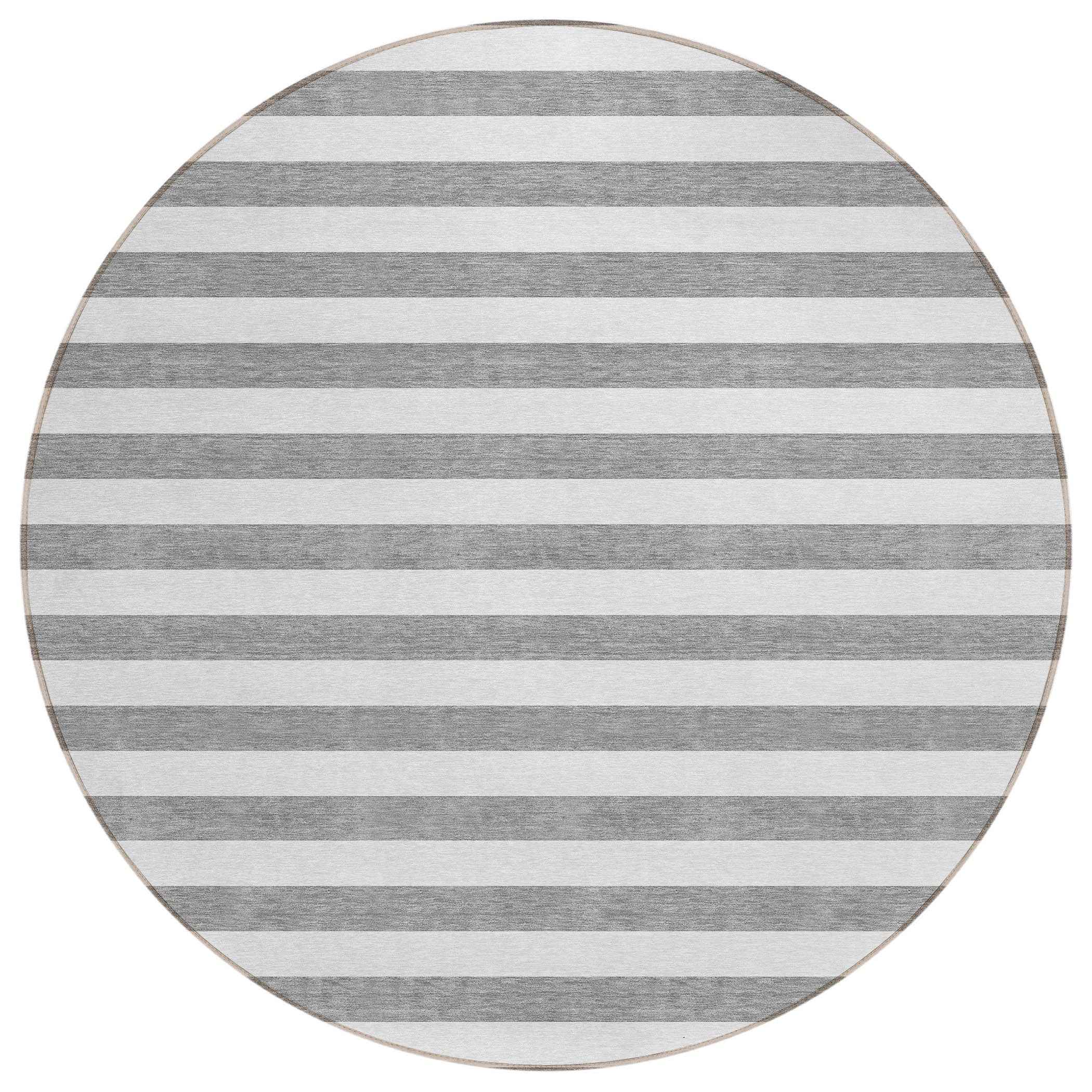 8' Round Gray and White Round Striped Washable Non Skid Indoor Outdoor Area Rug